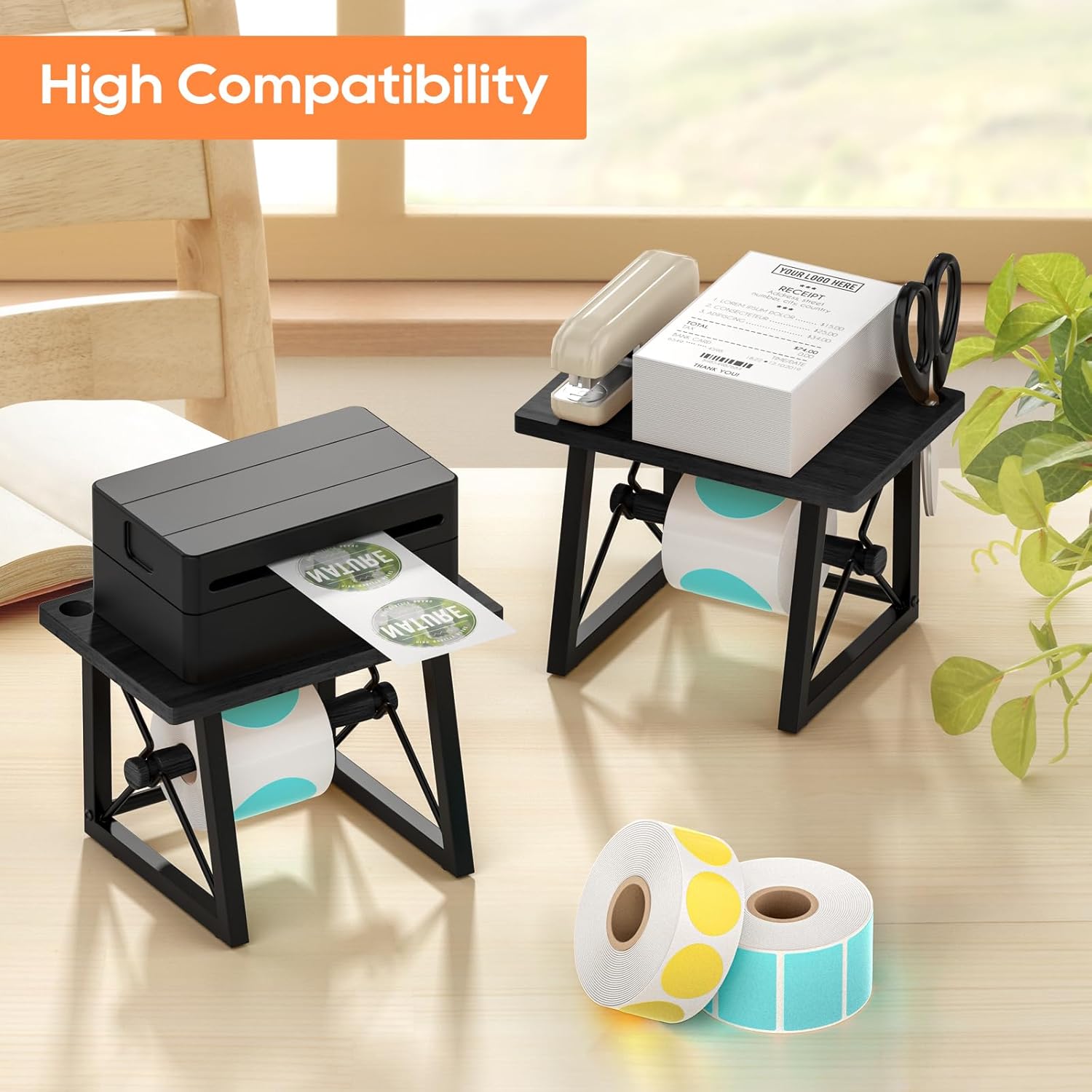 Label Holder for Rolls and Fan-fold Labels, Wooden Label Stand for Shipping Label Printer, Sticker Roll Holder Thermal Printer Accessory for Home, Office (Black) - Image 7