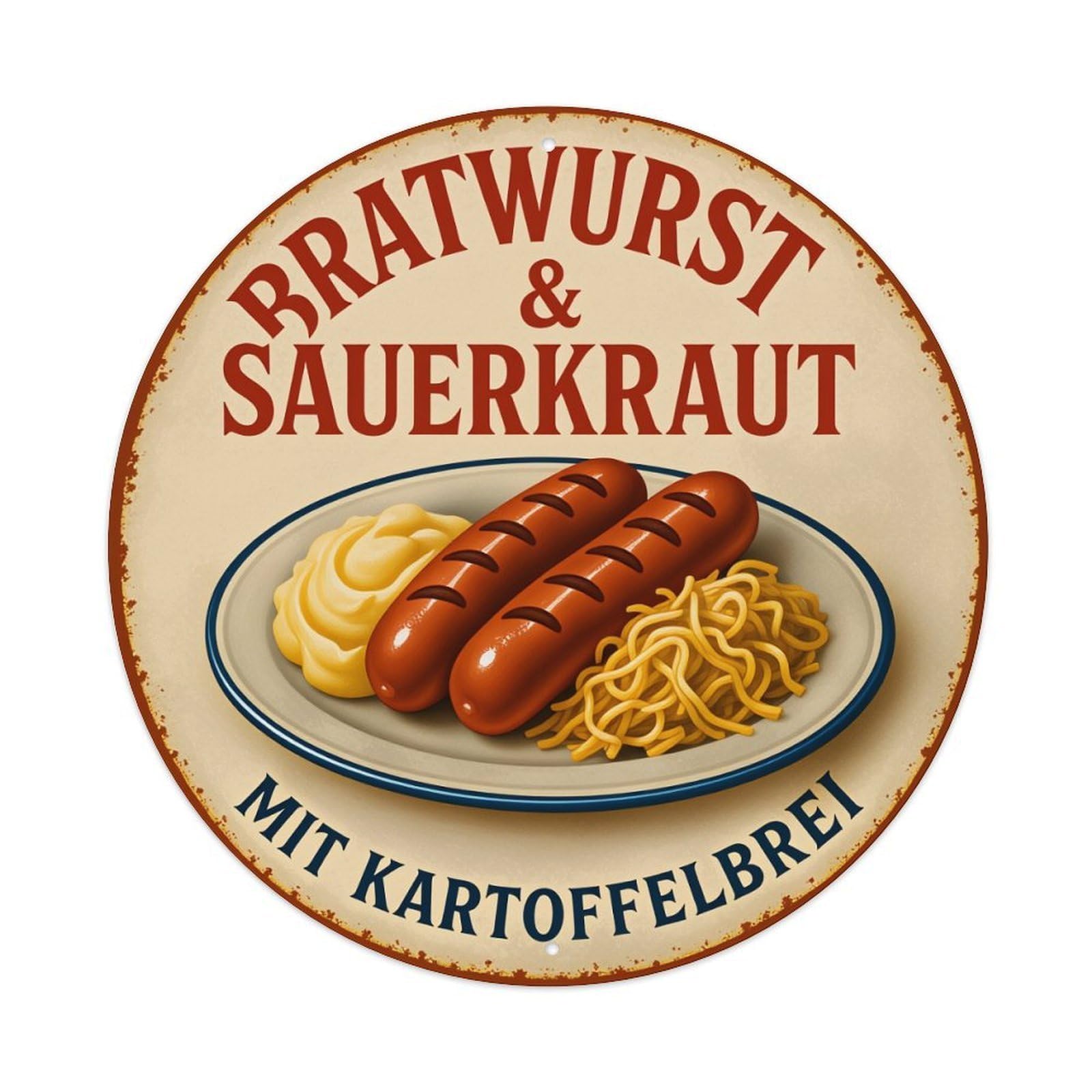 Bratwurst Sauerkraut Mashed Potatoes Plate Metal Tin Sign Vintage Garden Bedroom Cafe Bar Man Cave Home Wall Decor Metal Poster 8x8 inches