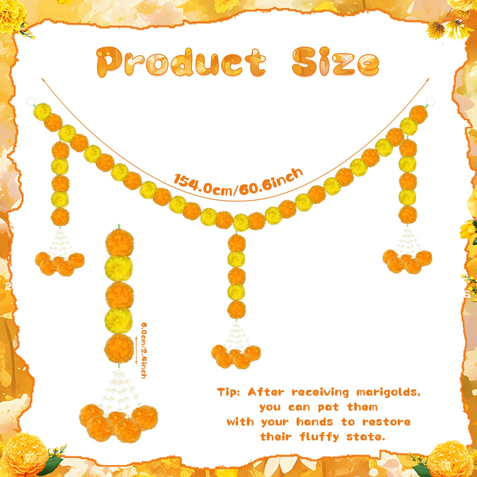 Day of the Dead Marigold Garland, 60 Inch Artificial Orange & Yellow Flower Hanging Garland with Tassels - Image 2