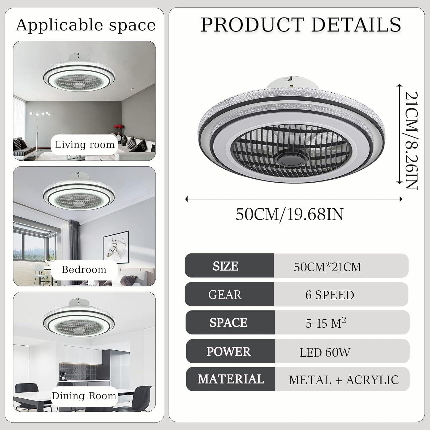 YUEGOO Ceiling Fans with Lamps,Led Dimmable Quiet Ceiling Fans with Lights and Remote Control Dc Reversible 6 Speed Timer Black Chandelier Fan for Living Room Bedroom/B