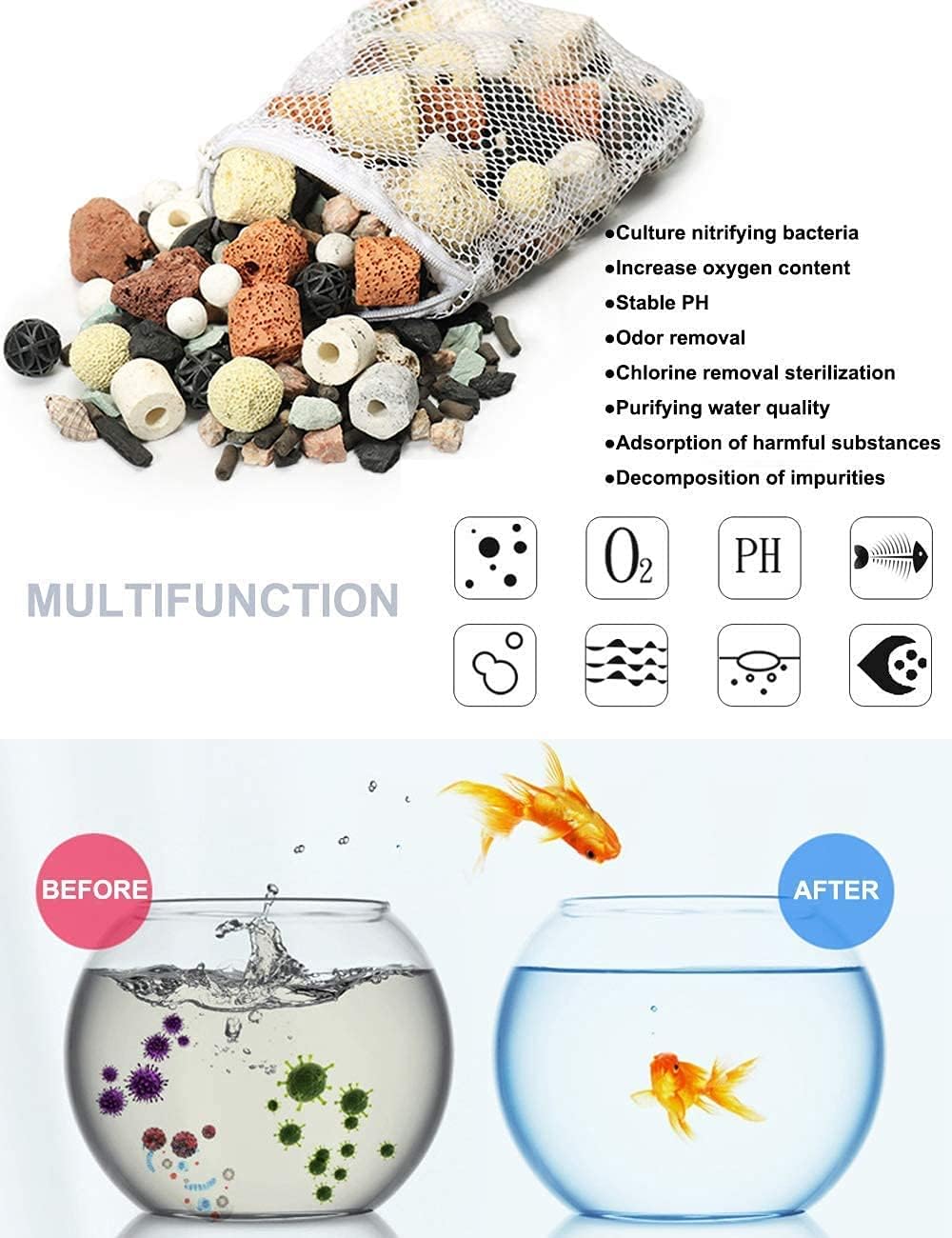 GOLDEAL Bio Balls Ceramic Rings Set, Aquarium Biological Filter Media with Mesh Bag for Fish Tank and Pond, Fish Tank Filter, Decorations, Accessories (5Packs,5.5lbs)