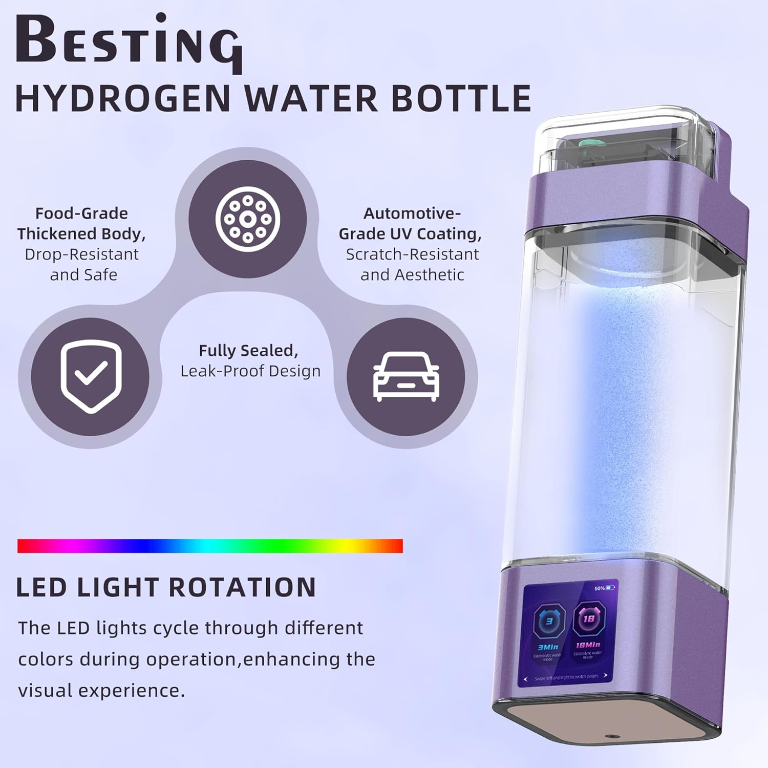 Hydrogen Water Bottle Deluxe Version, Up to 9000PPB-12000PPB, Upgrade Smart Touchscreen Control SPE Hydrogen Generator with Portable Hydrogen Water Machine for Home Office Outdoors Drinking Gift - Image 5