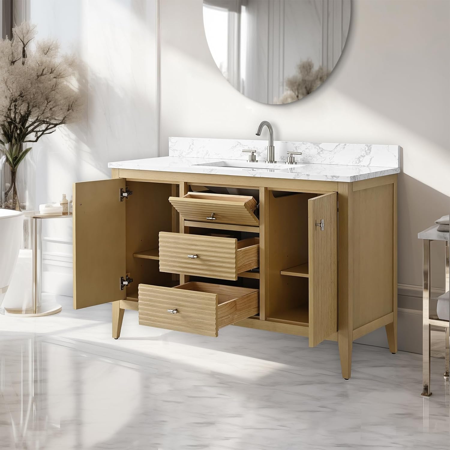 Vanity Art 48 inch Oak Bathroom Vanity with Single Sink & Ceramic Top, Vanity Cabinet with Soft-Closing Door, Solid Wood Frame, Linear Pattern, Natural Oak, VA9148-NO-MB,Matte Black Handles