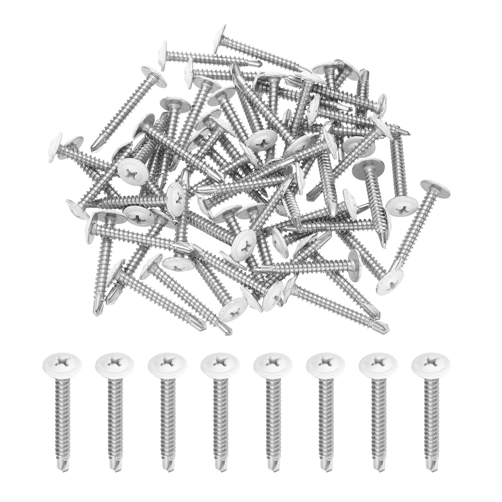 sourcing map 60Pcs M4.2x32mm White Pan Head Self Tapping Screws, 410 Stainless Steel Self Drilling Screws for Metal Sheet Metal Screw, Silver