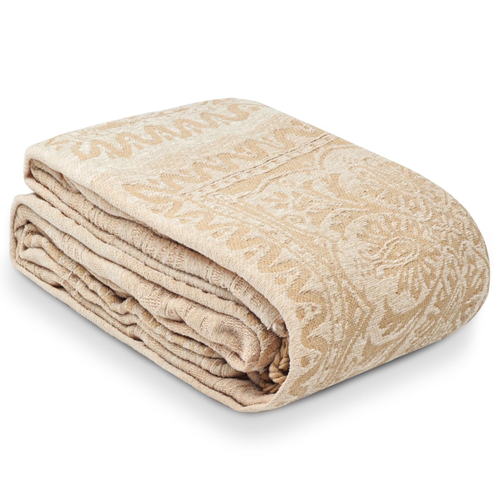 Bohemian Throw Blanket, Chenille Jacquard Tassels Cover for Couch Bed, Decorative Sofa Slipcover Protector - Colorful Tribal Pattern (Beige, 60 * 75 in)