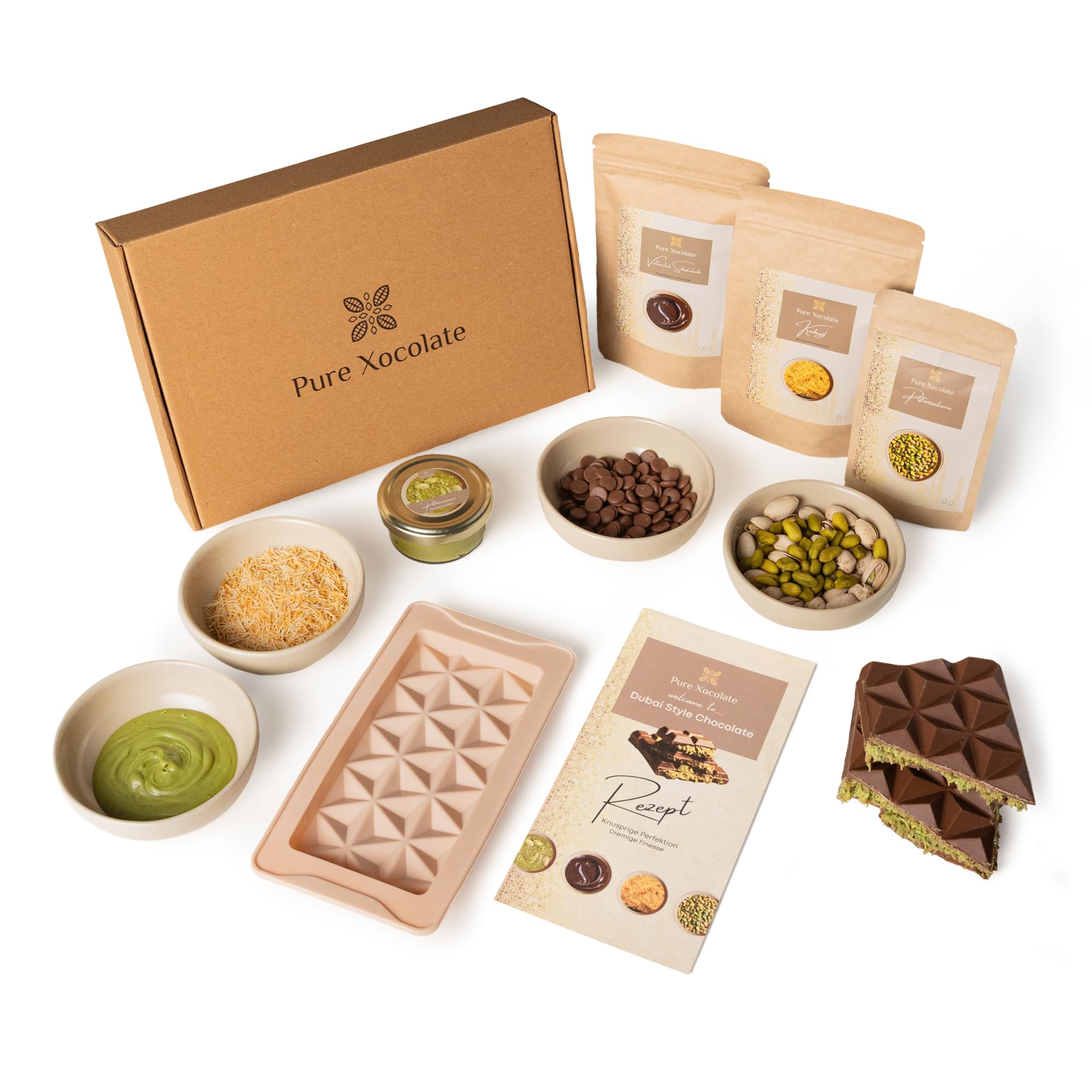 Pure Xocolate DIY Dubai Schokolade Set – Geschenkbox mit belgischer Schokolade, Pistaziencreme & Engelshaar Teigfäden (Kadayif) – inkl. Silikonform – Luxus Schokolade selber machen