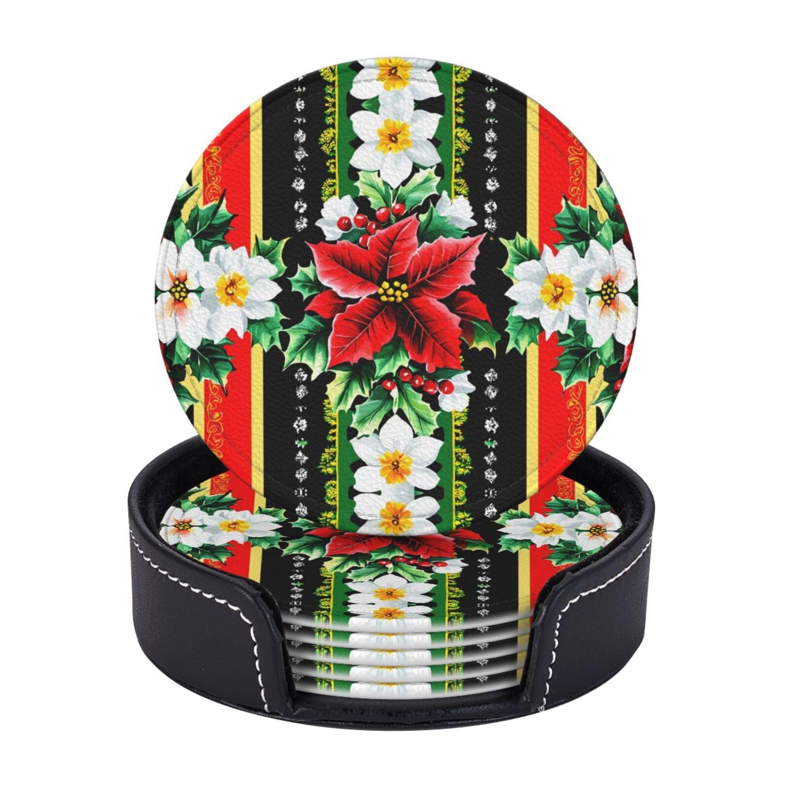 6 Pack Xmas Poinsettia Stripes Leather Coasters for Drinks with Holder Sets Cute New Year Heat Resistant Drink Table Cup Coasters for Kitchen Dining Cafe Xmas Table Decor Round