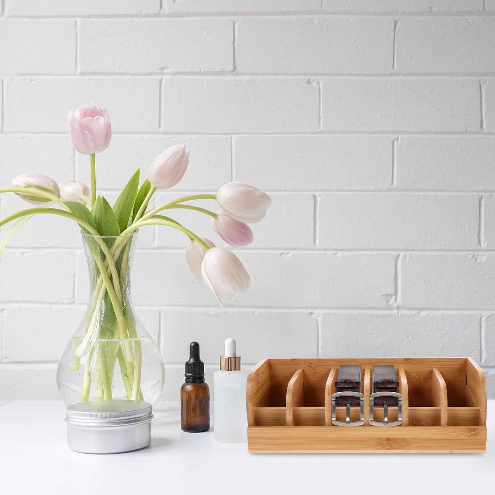 Zerodeko Bamboo Belt Organizer, 6 Compartment Belt Display Box, Belt Storage Drawer Organizer for and Women Belt Storage Rack