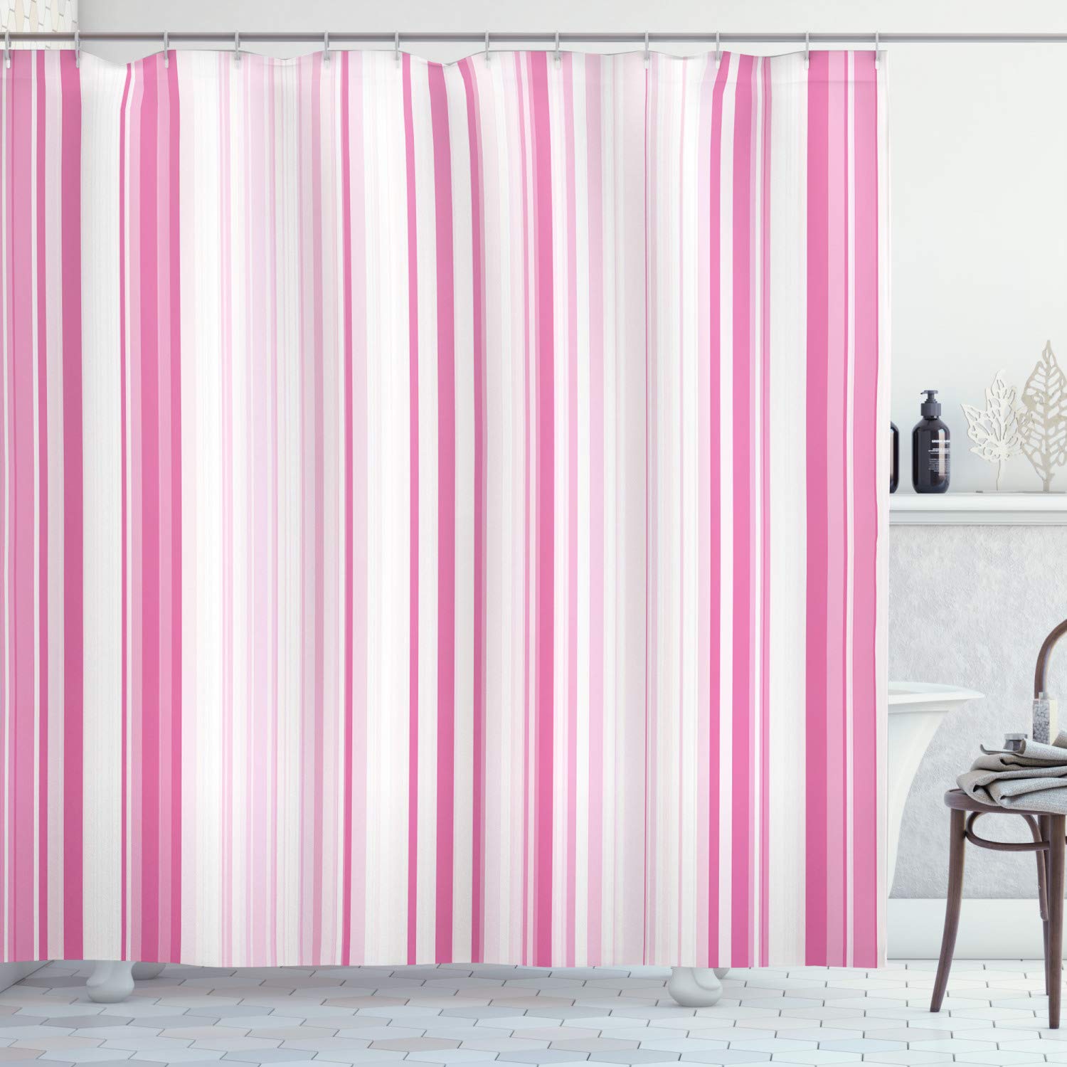 ABAKUHAUS Pale Pink Shower Curtain, Vertical Striped Abstract Color Bands Straight Lines Geometric, Cloth Fabric Bathroom Decor Set with Hooks, 70 Inches, White Pale Pink