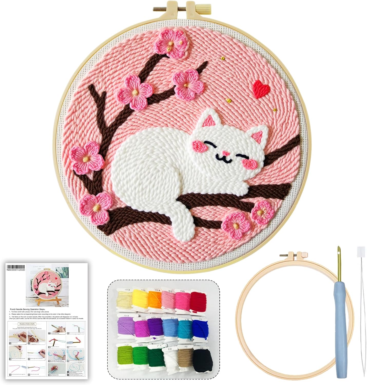 JOZYSH Punch Needle Embroidery Starter Kits for Beginners Cute Snow-White cat Curled up Comfortably on a Branch Adorned Embroidery Hoops,Color Threads,Instructions and Needles,DIY Adults Embroidery