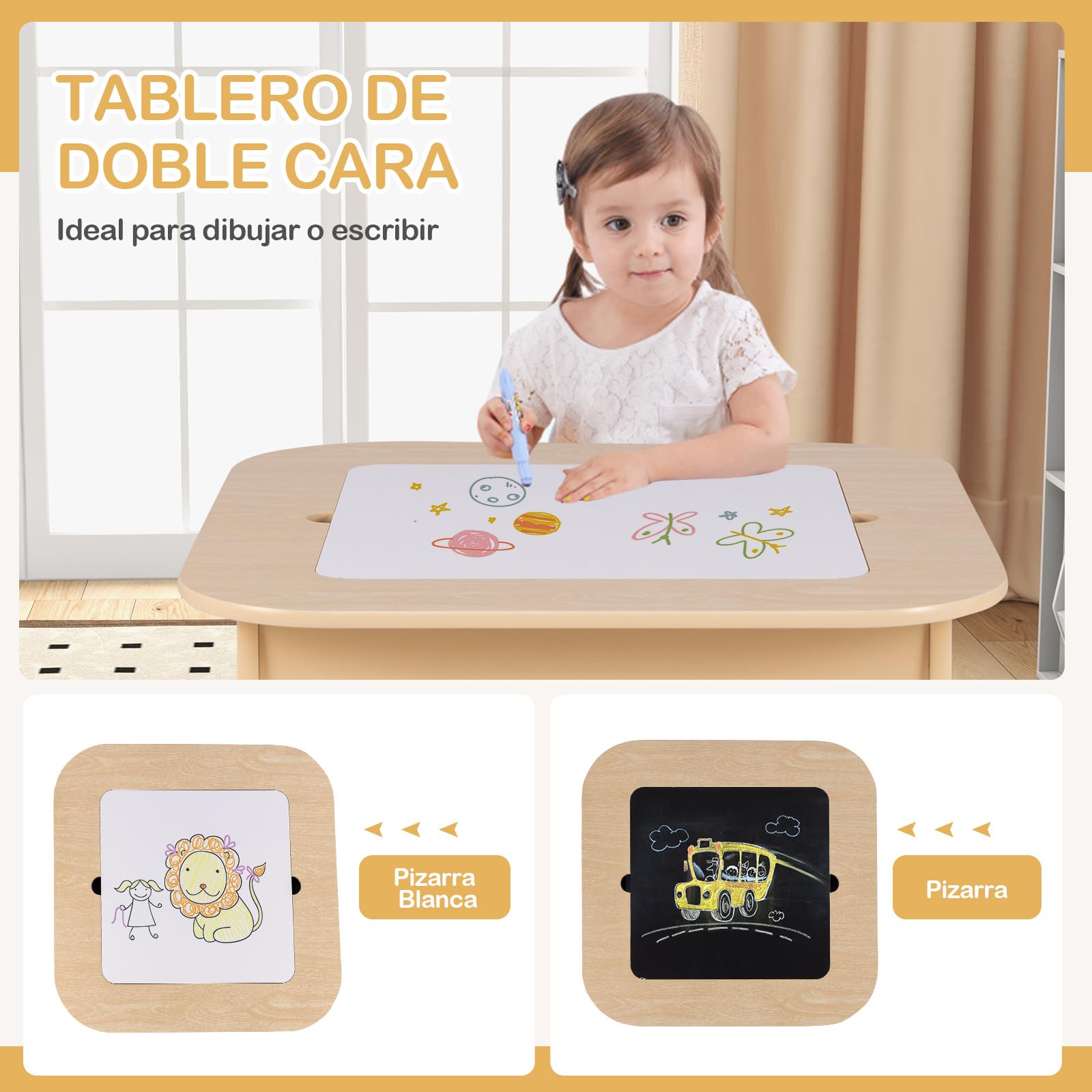 COSTWAY Juego de Mesa y Sillas para Niños, Juego de Mesa de Actividades Infantil con Almacenamiento Oculto, 2 Sillas Ergonómicas, Set de Muebles para Arte, Manualidades (Natural)