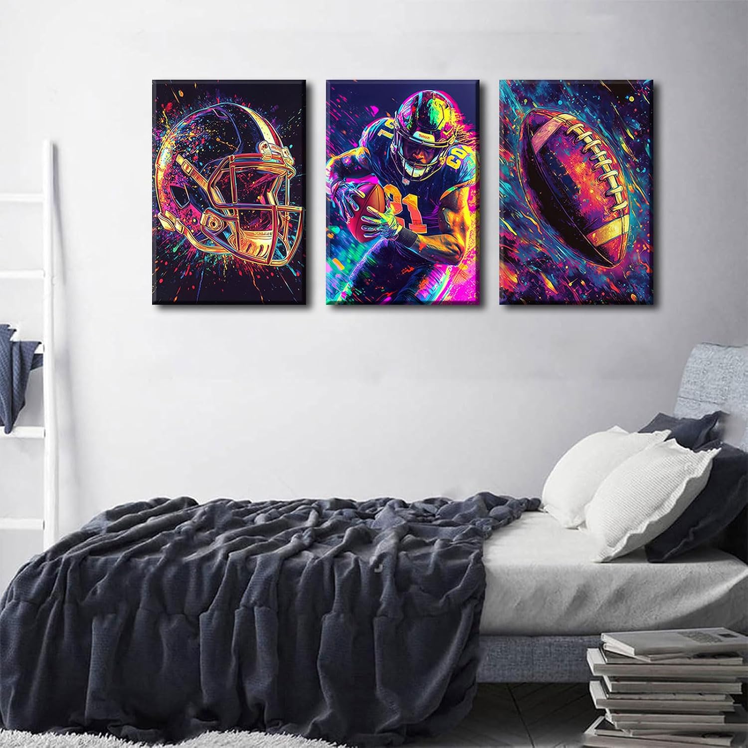3Pcs Football Canvas Wall Art Graffiti Rugby Gaming Cool Sports Theme Wall Decor Pictures Colorful American Football Player Posters Prints for Kids Boys Room Teen Bedroom Decoration 12x16in
