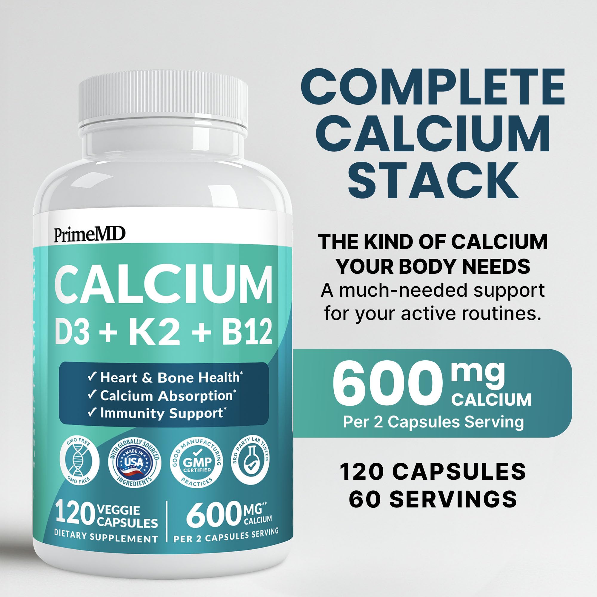 PrimeMD 4-in-1 Calcium 600mg, Vitamin D3 K2 5000IU, Vegan Non-GMO, 120ct — Amazon image 2