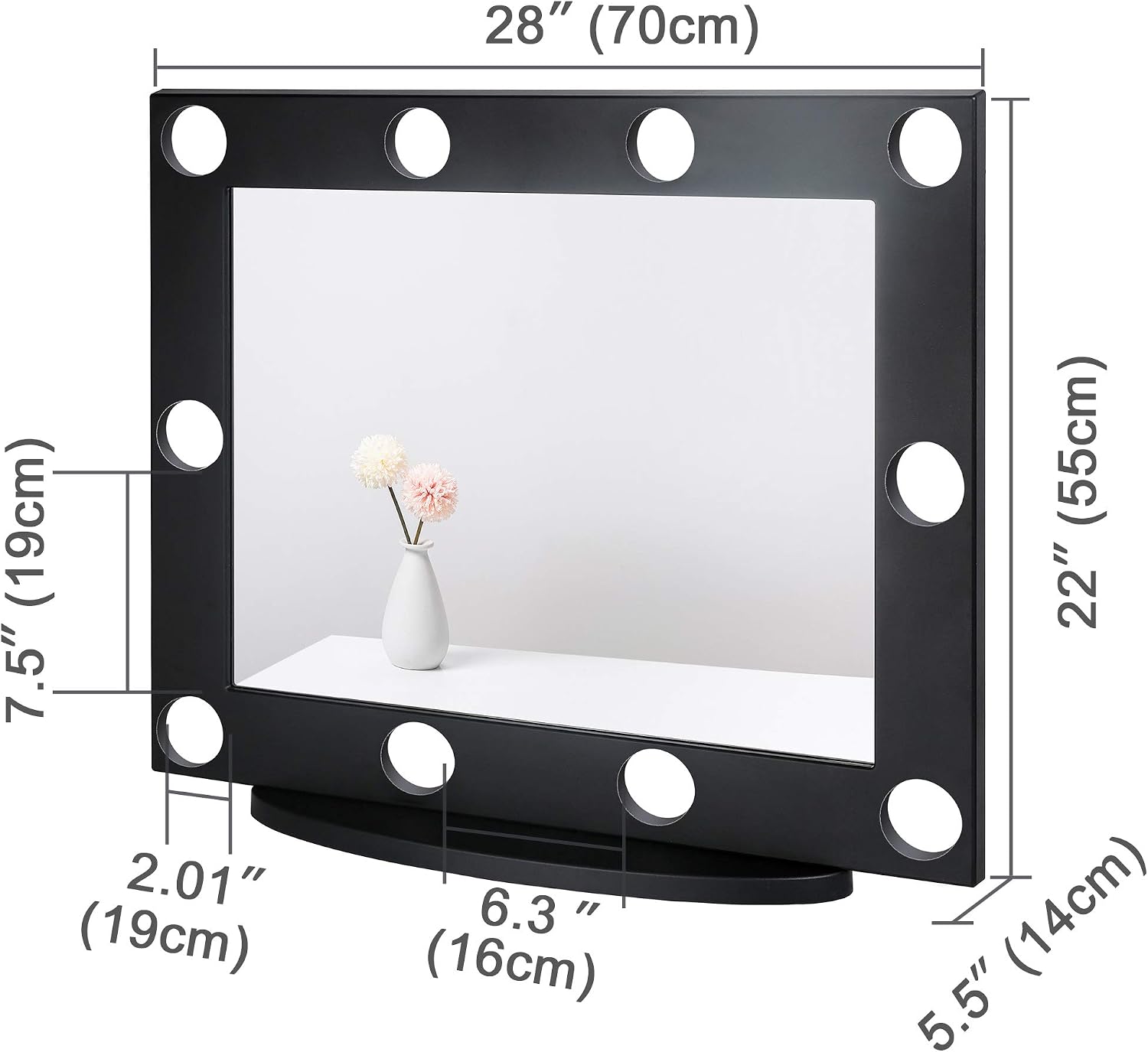 Waneway Vanity Mirror with 10 Pre-Drilled Holes Compatible with Hollywood Lights Kit, DIY Lighted Vanity Makeup Mirror with No Visible Cords, Tabletop or Wall Mount, Black (Lights Kit Not Included)
