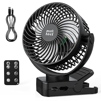 Minthouz Clip on Fan, 12000mAh Desk Fans, 360 Rotation Rechargeable Portable Fan with 45hrs Runtime - Quiet 3 Speeds, Wireless Remote, Timer, Input/Output Ports - Lightweight for Travel & Office