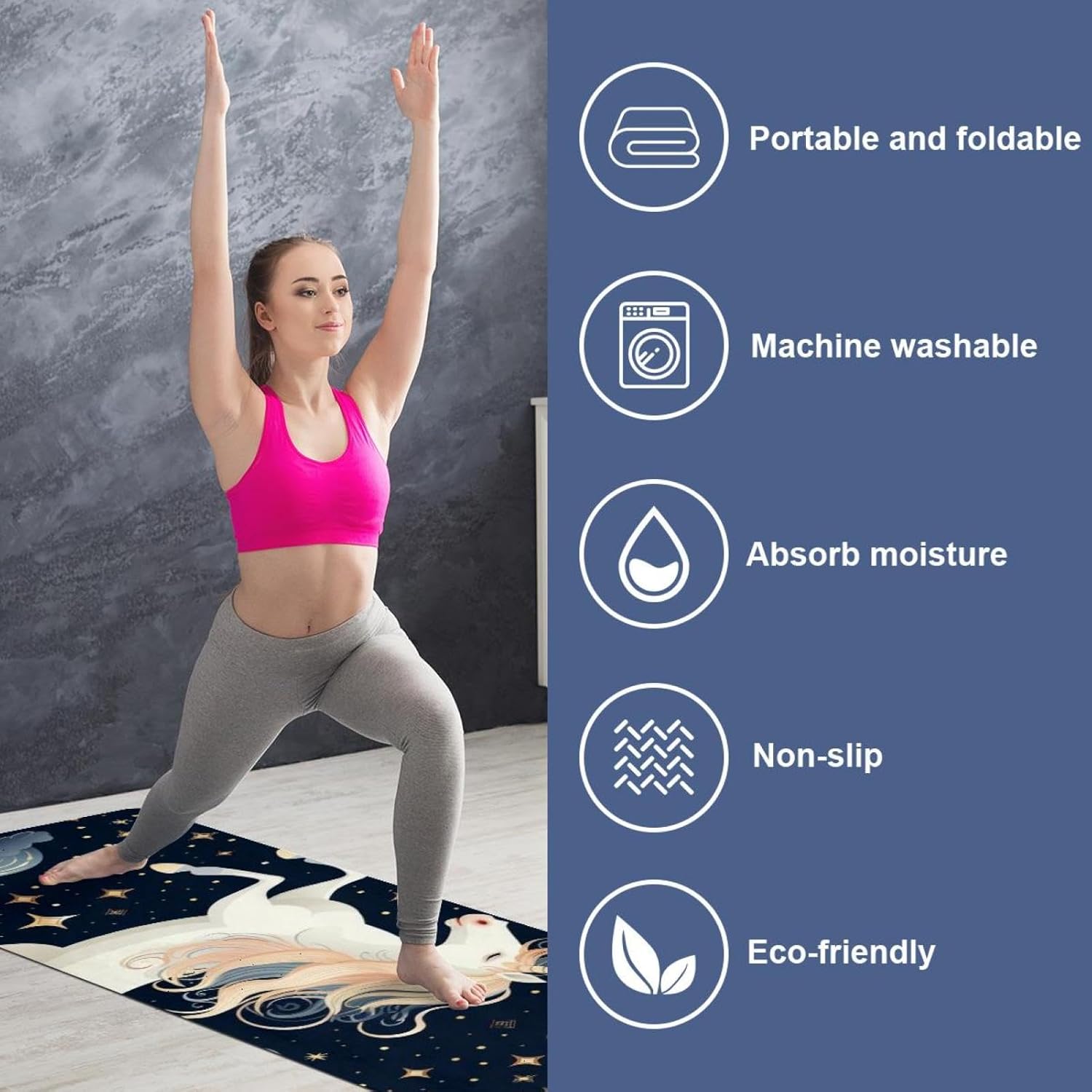 Yoga Towel, Galaxy Unicorn Pattern Non Slip Sweat Absorbent Hot Yoga Mat Towel for Hot Yoga, Pilates and Fitness - 72.8" x 26.8"