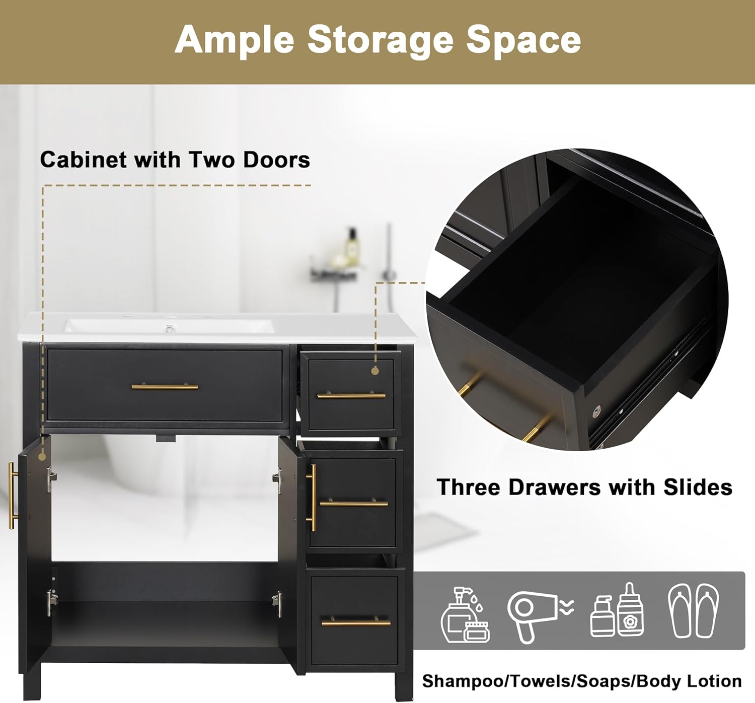 36-inch Bathroom Vanity with Sink, Free Standing Bathroom Vanity Cabinet with Two Doors and Three Drawers, Solid Wood Bathroom Organizer with Single Ceramic Sink, Black