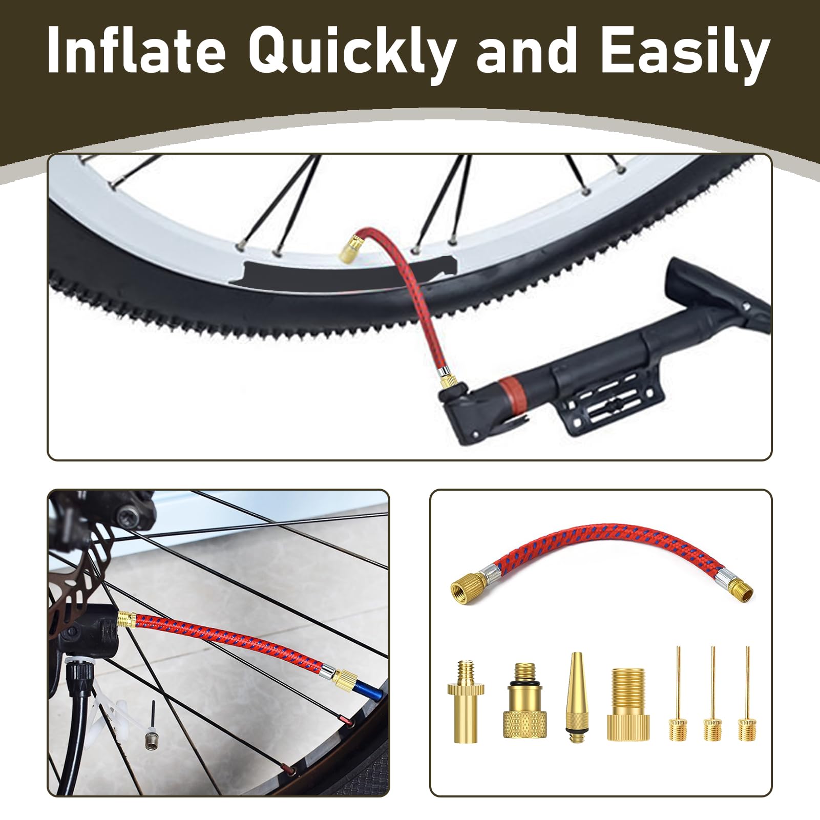 8 sztuk końcówek pompy rowerowej, zestaw adapterów do wentyli rowerowych z przedłużką wentylową 16 cm, adaptery Presta Schrader Dunlop, igła do napełniania balonów, do materacy pneumatycznych