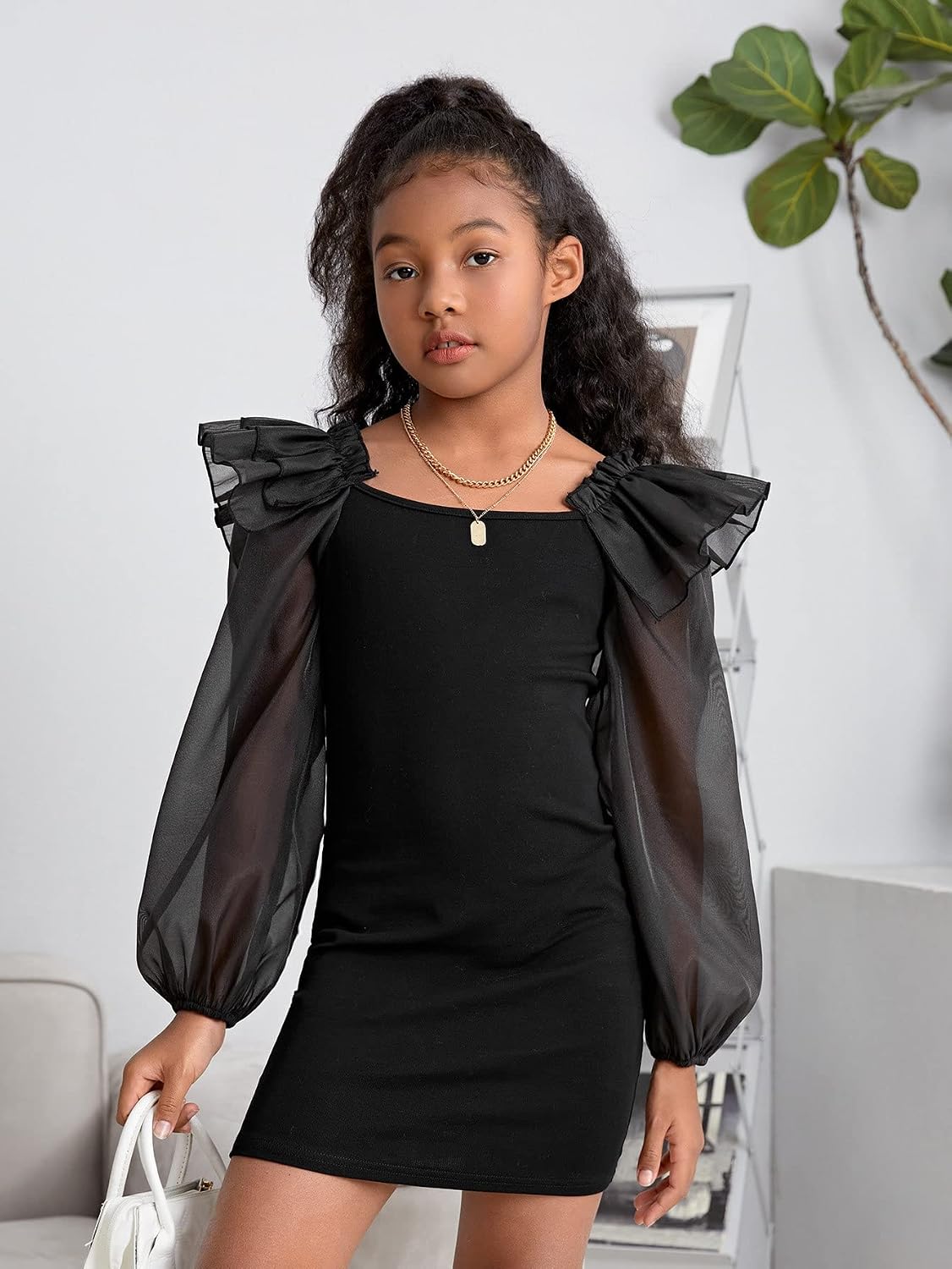 WDIRARA Girl's Mesh Ruffle Trim Layered Tie Back Lantern Sleeve Pencil Mini Dress