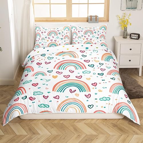Erosebridal Juego de funda de edredón con diseño de arcoíris y corazones de amor, juego de ropa de cama colorido con lunares y arco iris para niños,