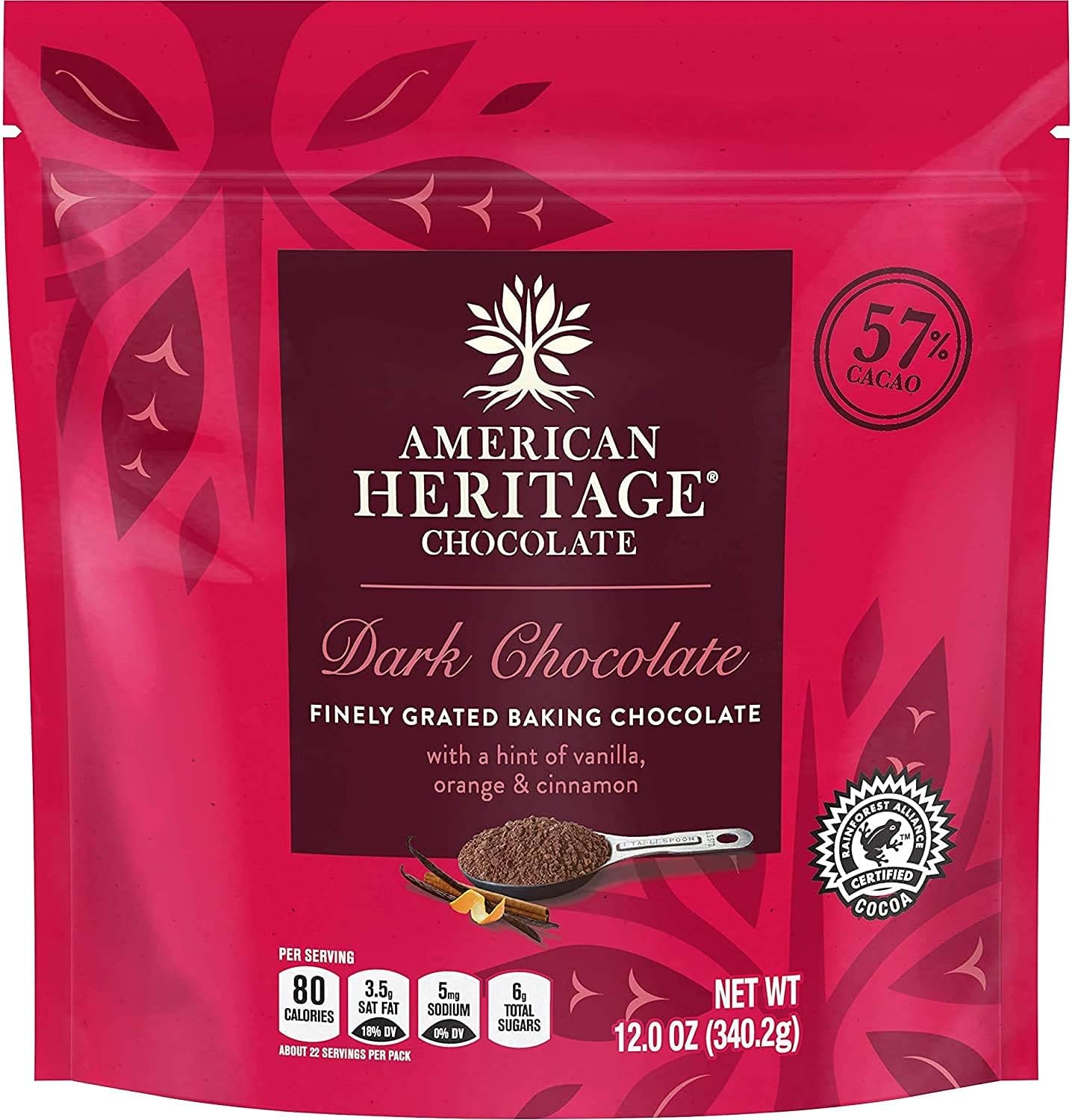 American Heritage Chocolate - 12 Oz - 57% Finely Grated Cacao Baking Artisanal Dark Chocolate with a Hint of Vanilla, Orange, and Cinnamon