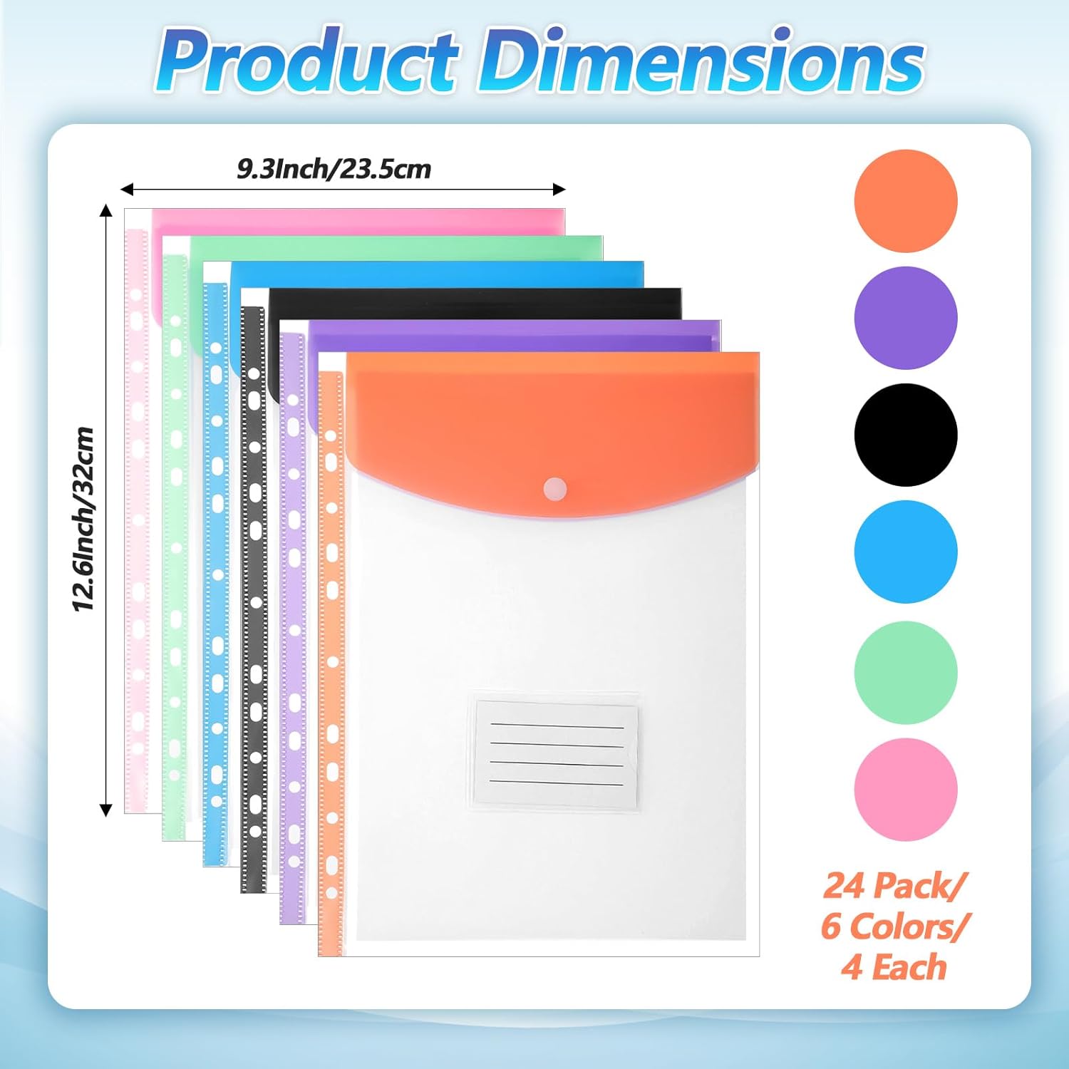 24 Pack Binder Pockets for 2/3/4 Ring Binder, Binders Folders with Snap Button and Label, Expandable Plastic Envelopes Binders Organizer Folders with 11 Holes for School Office Home