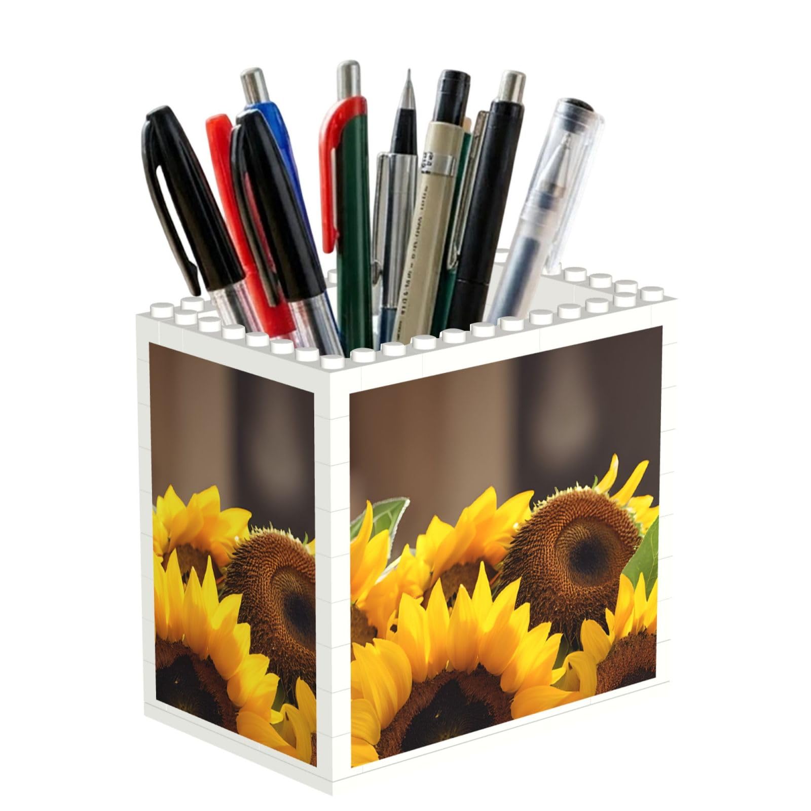 ESNAIUVCD Yellow Sunflowers Print Building Block Pen Holder - Pencil Holder For Desk/Classroom,Desk Accessories, Multifunctional Office Supplies Pen Organizer Pencil Cups(1pcs)