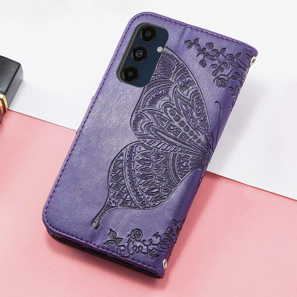 for Galaxy A16 5G Phone Case Wallet,Women Flip Cover with Credit Card Holders Butterfly Embossed PU Leather Stand Wrist Strap Purse Protective Case (Purple)
