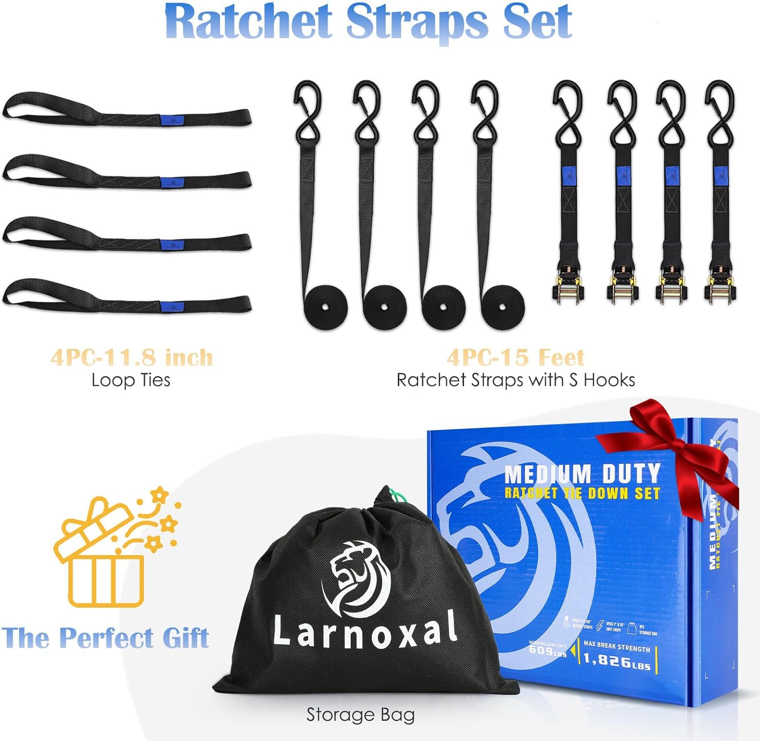 Ratchet Straps 4 Pack - 1,826 Lbs Break Strength 1 in x 15 Ft Medium Duty Ratchet Tie Down Straps with S Hooks Set for Truck, Cargo Van, Trailer, Motorcycle (Black) - Image 2