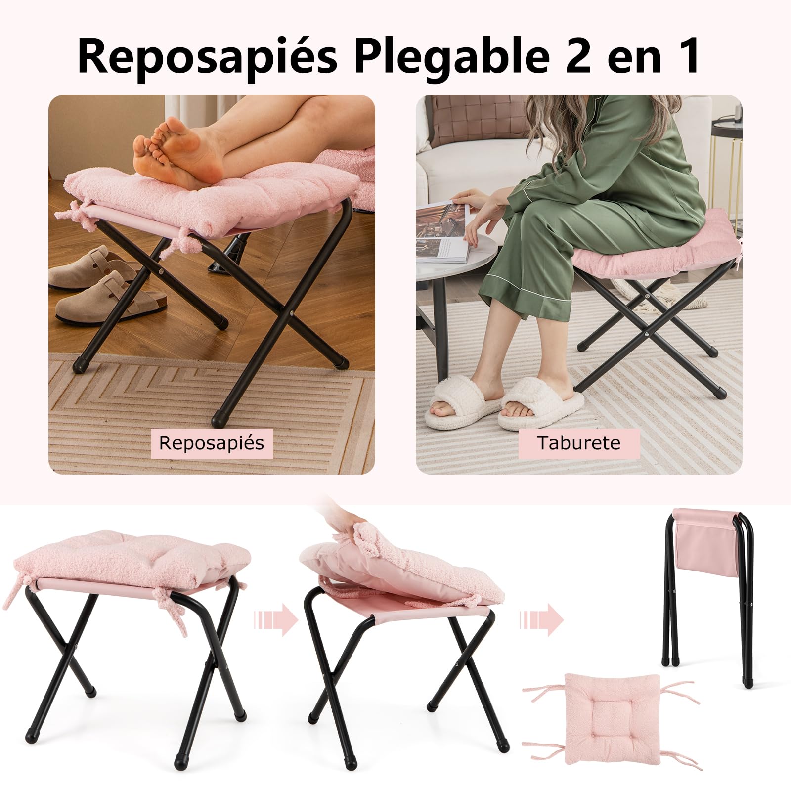 GIANTEX Sillón de Lectura con Reposapiés, Silla Sofá Moderna de Vellón de Imitación con Taburete Plegable, Cojín Suave y Bolsillo Lateral, Sillón de Ocio para Salón, Oficina, Dormitorio (Rosa)