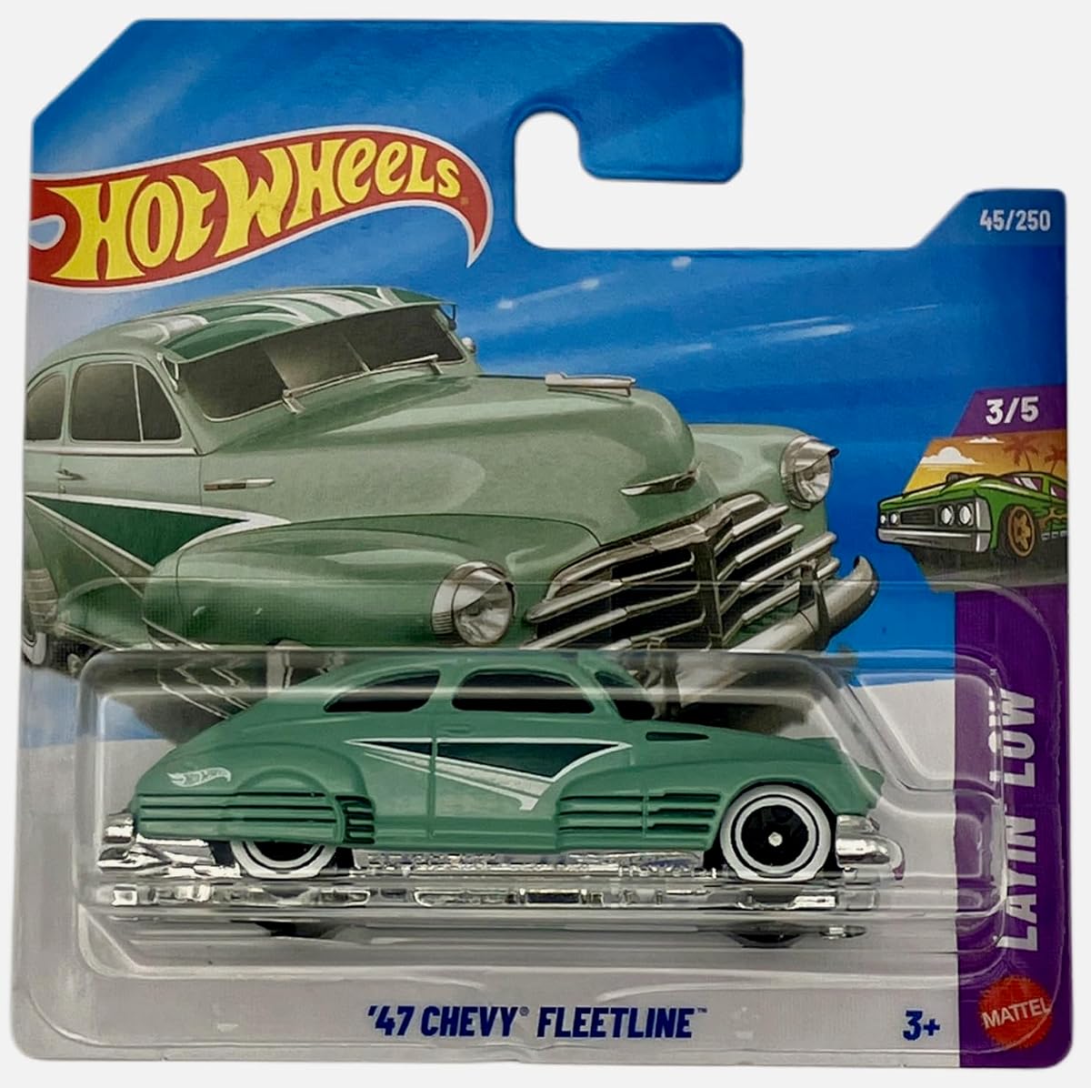 47 Chevy Fleetline - Turquesa Lowrider Custom - Layin' Low 3/5 - 46/250 - JJJ16 - Licencia General Motors - Mattel 2026-1:64 Modelo de coche