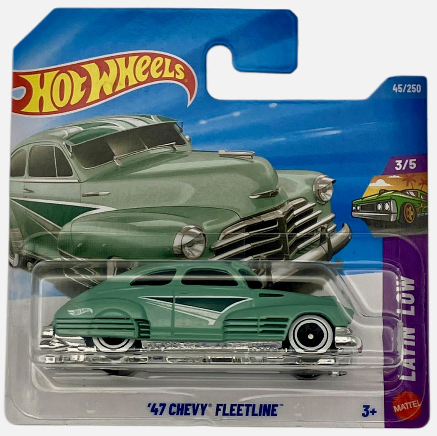 47 Chevy Fleetline - Turquoise Lowrider Custom - Layin' Low 3/5 - 46/250 - JJJ16 - General Motors License - Mattel 2026-1:64 Model Car