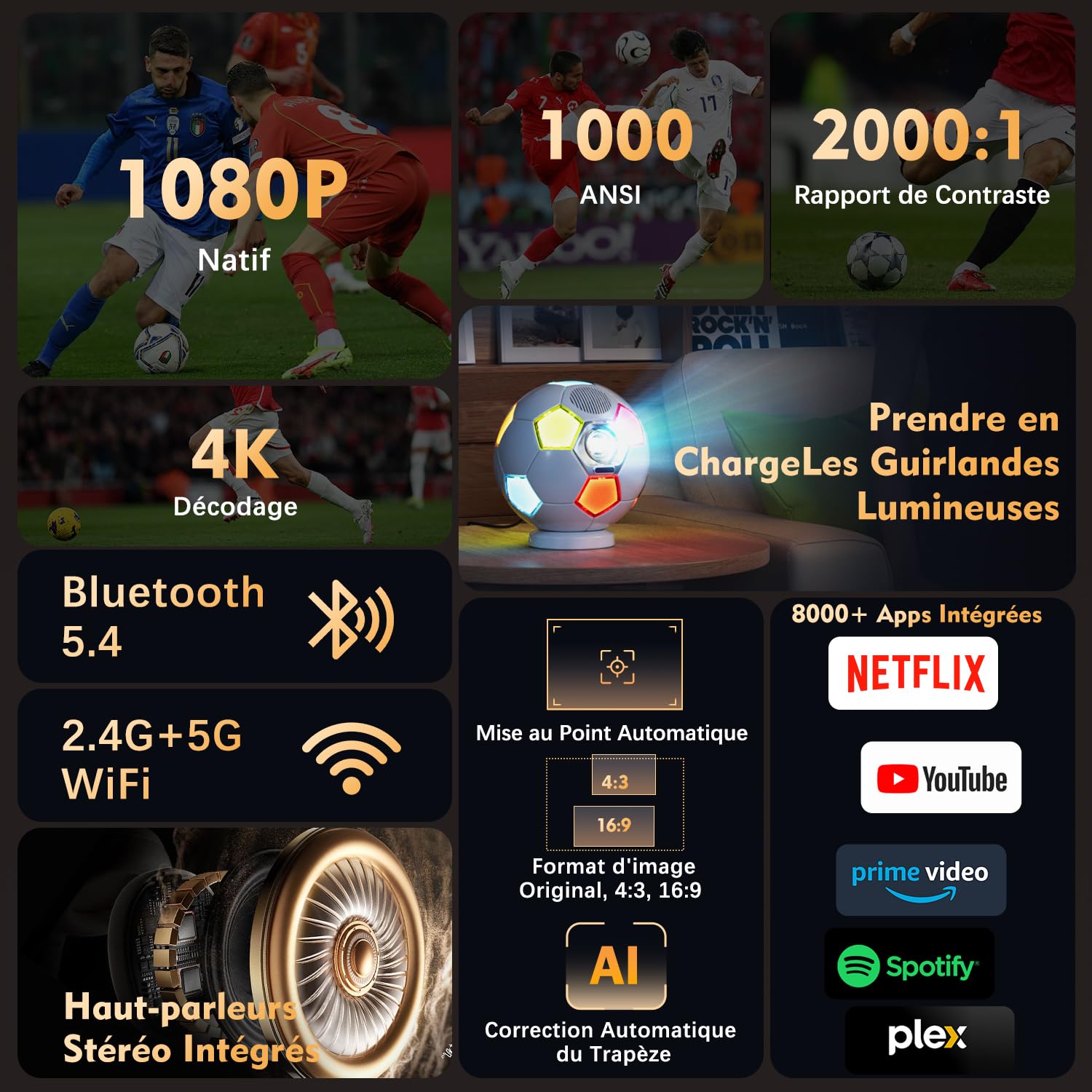 Vidéoprojecteur 4K【Design Original de Football/1000 ANSI/Apps intégrée/Auto Focus】 Projecteur Vidéo VGKE 4K FHD 1080p, Rétroprojecteur Portable WiFi 6, Bluetooth 5.4, Home Cinéma, Extérieur