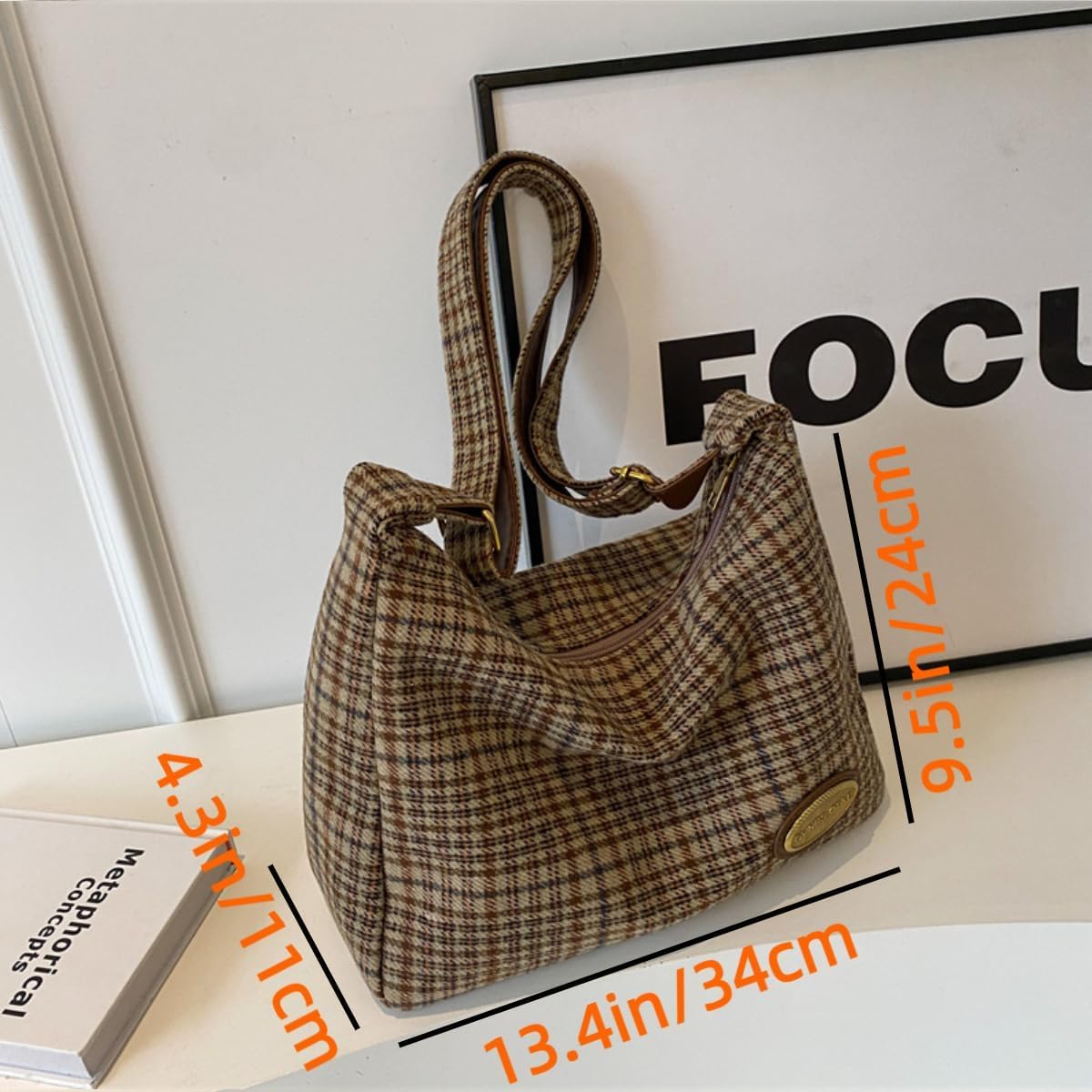 Plaid Purses for Women - Wool Handbag with Pendant, Hobo Shoulder Bag and Tartan Fabric Clutch (Khaki)