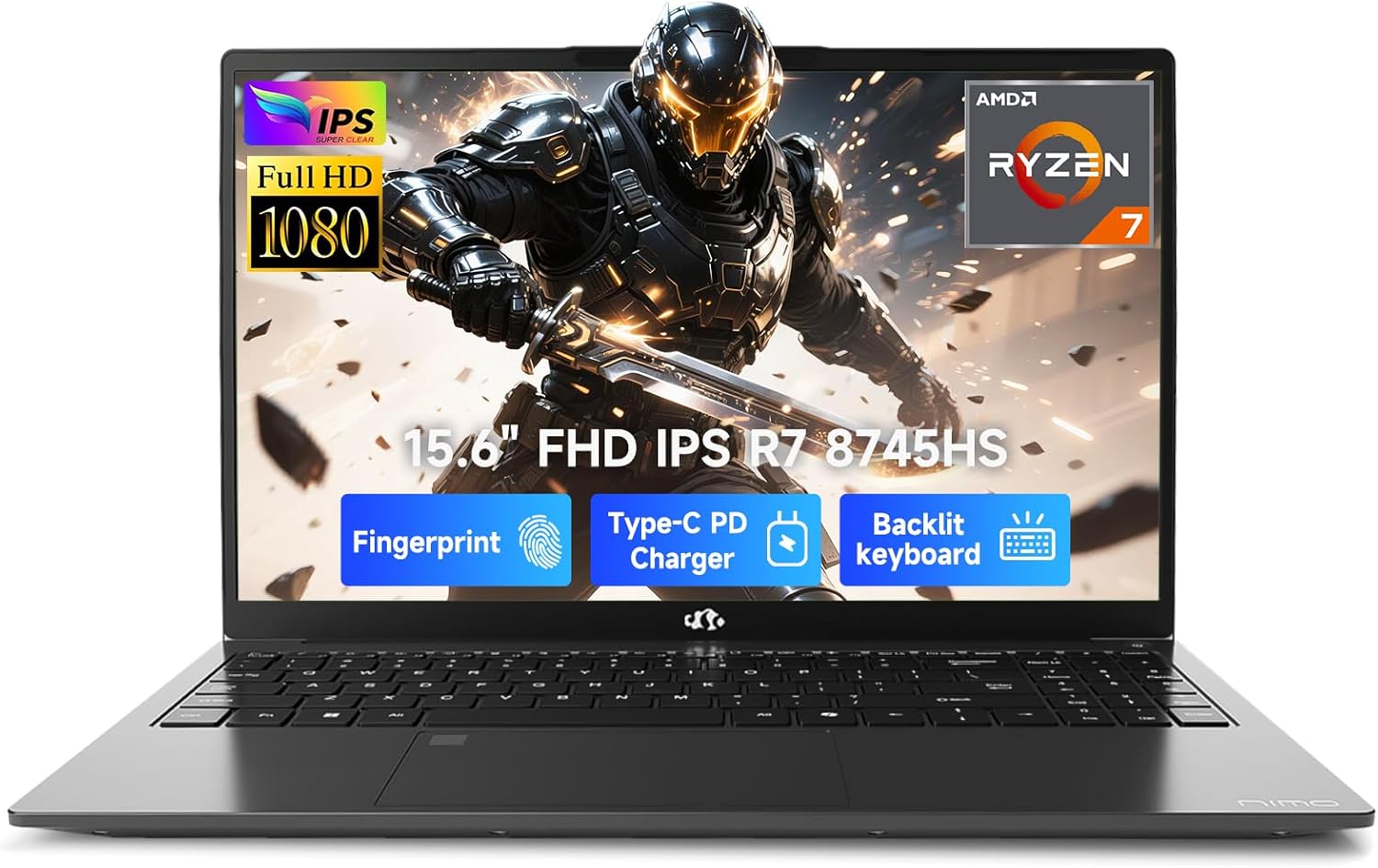 NIMO 15.6" FHD IPS Gaming Laptop, AMD Ryzen 7 8745HS 16GB DDR5 RAM 512GB SSD (8C/16T, up to 4.9GHz) Radeon 780M Graphics Business Computer with 100W Type-C Backlit Keyboard, Fingerprint USB-C 4.0