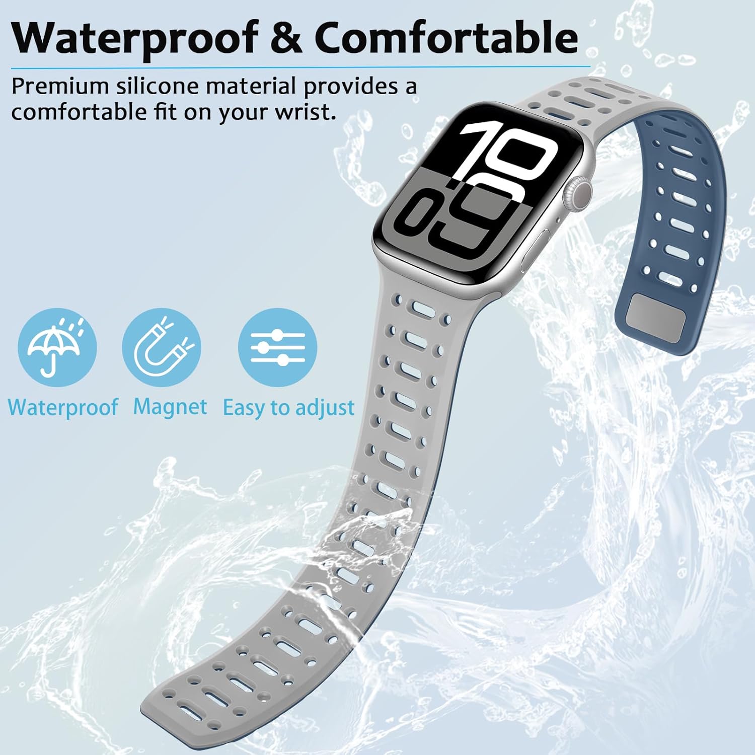 Amizee Compatible with Apple Watch Band 49/46/45/44/42/41/40/38mm Men, Silicone Breathable Magnetic Strap for iWatch Ultra 3/2/1 Series 11 10 9 8 7 6 5 4 SE3/2/1 (42/41/40/38mm, Gray Blue) - Image 4