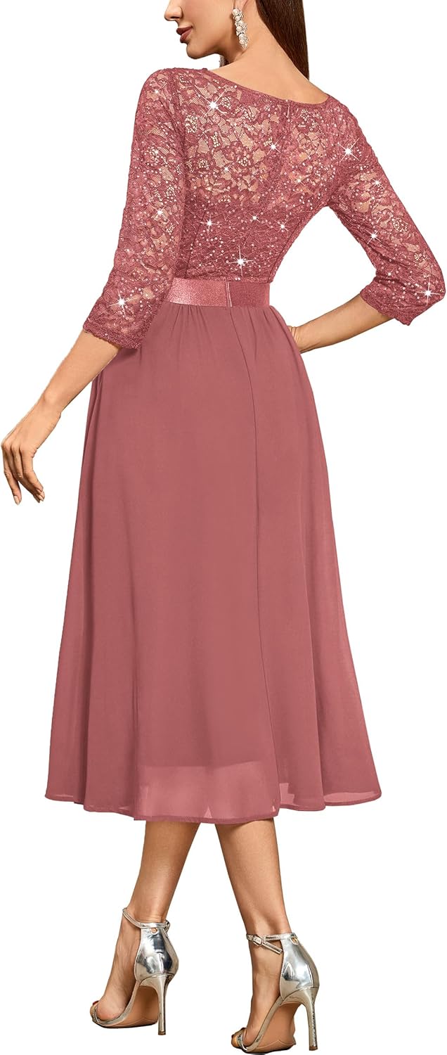 Miusol Women's Elegant V Neck Sequin Lace Sleeve Bridesmaid Party A-line Dress - Image 2