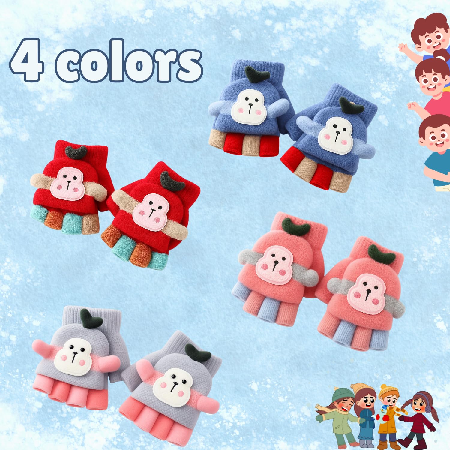 Jukusa Baby Cute Cartoon DesignHand Gloves | 2 in 1 Half and Full Finger Gloves | Warm and Comfortable Knitted Gloves for 3-7 Years Old, Windproof and Flexible, Gift for Christmas and Birthday (Red) - Image 7 thumbnail