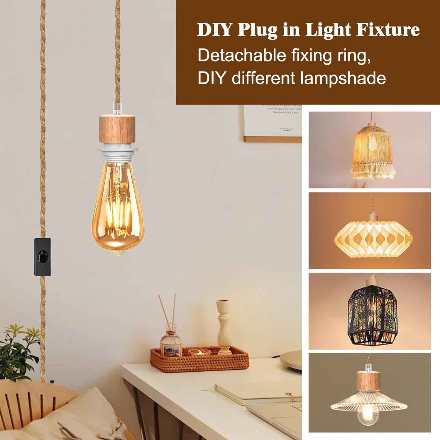 2 Pcs Plug in Hanging Light Kit, Vintage Hanging Pendant Lamp with On/Off Switch, 500 CM Hemp Rope Plug in Ceiling Light Fixture, E26 E27 for Farmhouse Lamp Cable DIY(No Bulb)