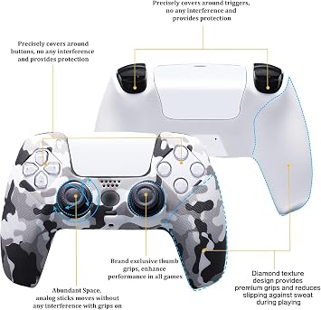 YoRHa Studded Printing Silicone Rubber Customizing Skin Cover for PlayStation 5 PS5 Controller x 1(Camouflage White) with Pro Thumb Grips x 10