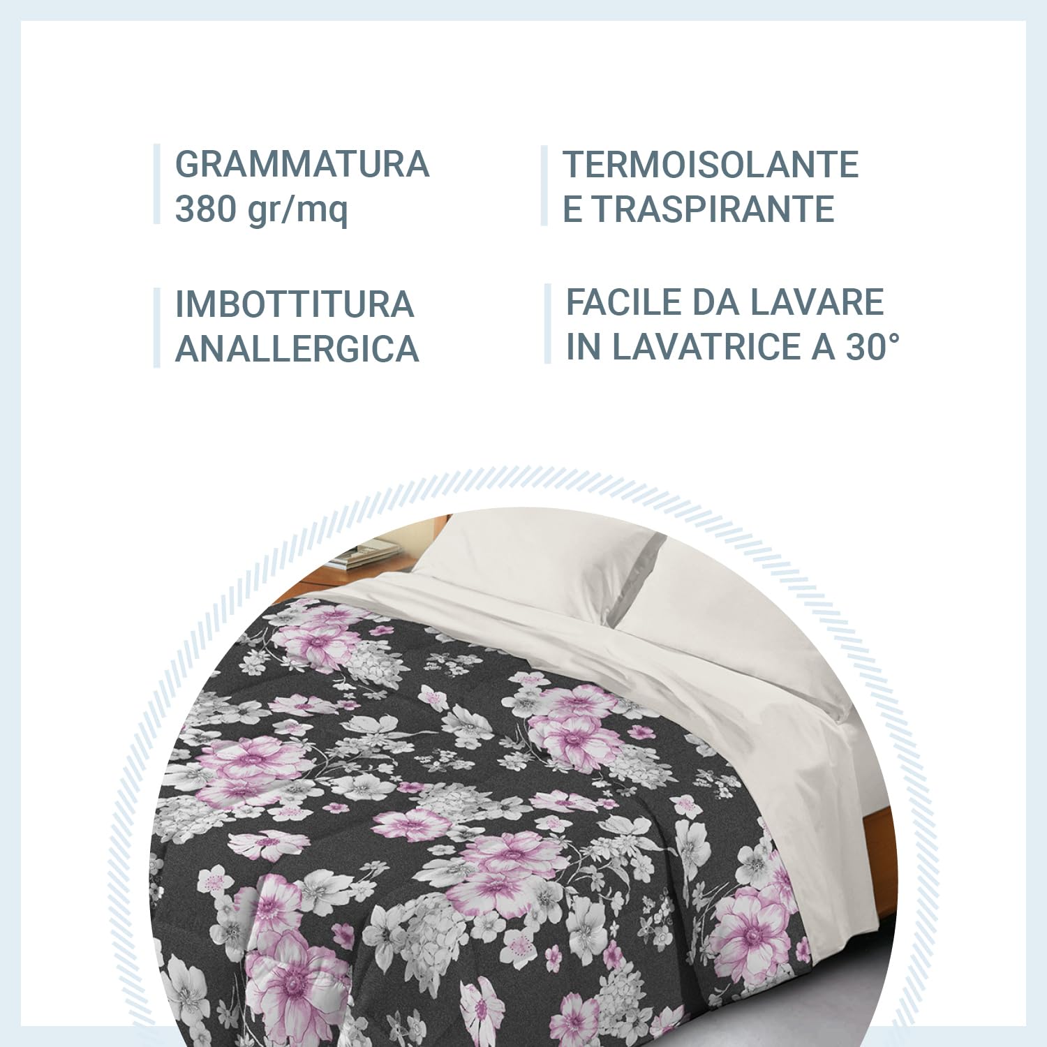 Banzaii Trapunta Invernale in Ecopiuma da 380 gr/mq anallergica e traspirante – Piumone Caldo e Morbido – Prodotto in Italia - Una Piazza e Mezza 220x260 cm, Sally Nero