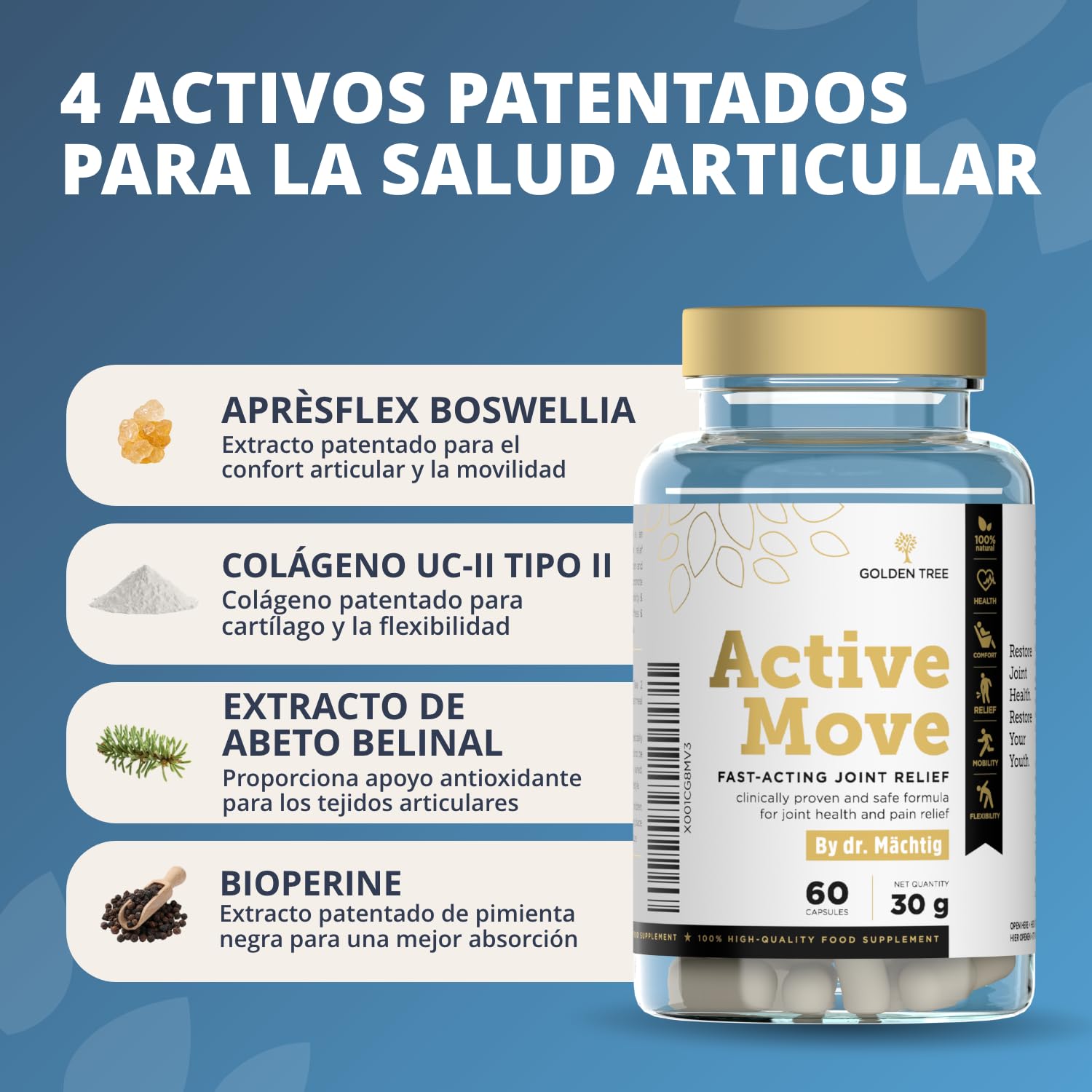 Golden Tree Active Move – Complemento Articulaciones, 60 Cápsulas | Con Boswellia, Ácido Hialurónico, Colágeno UC-II y Vitamina C – Cápsulas de Soporte Articular