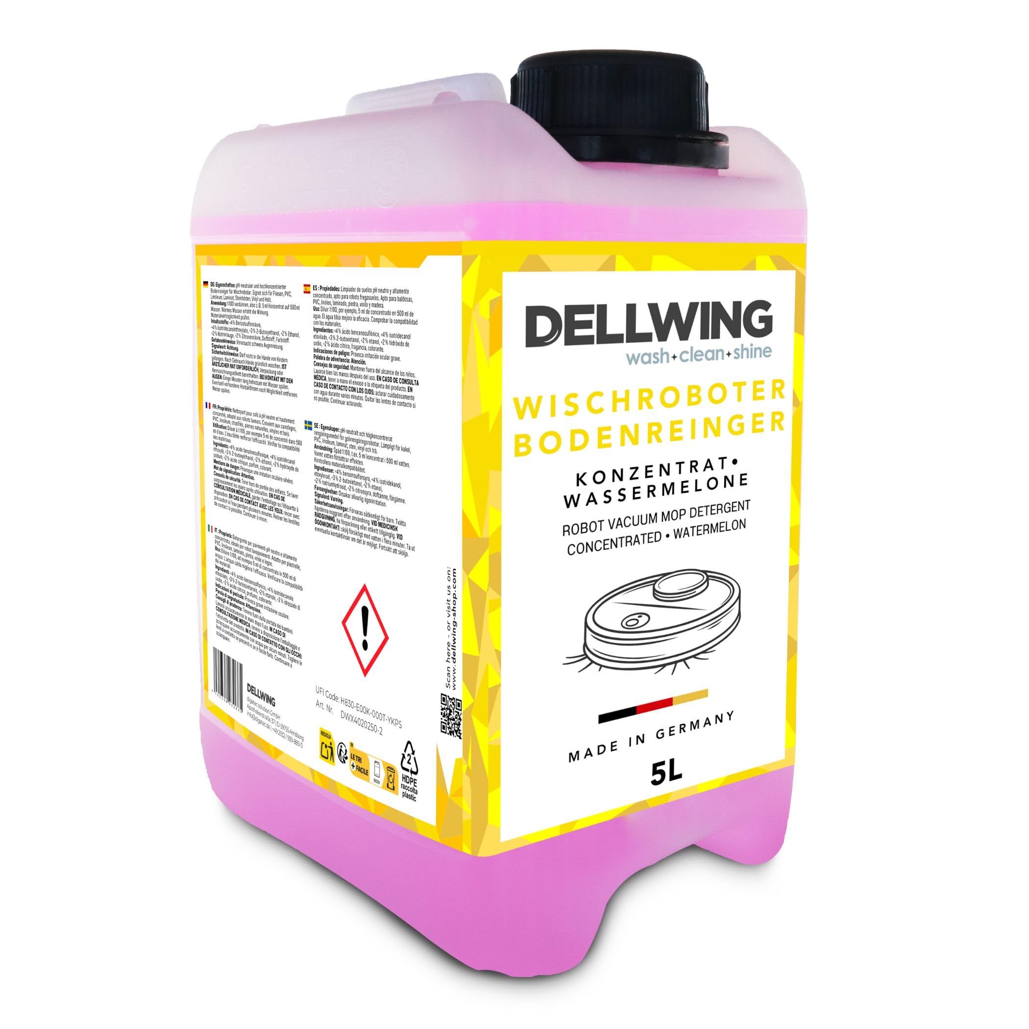 Dellwing Detergente per robot lavapavimenti concentrato 5 l, detergente per pavimenti per tutti i tipi di superfici, profumo di anguria, Made in Germany