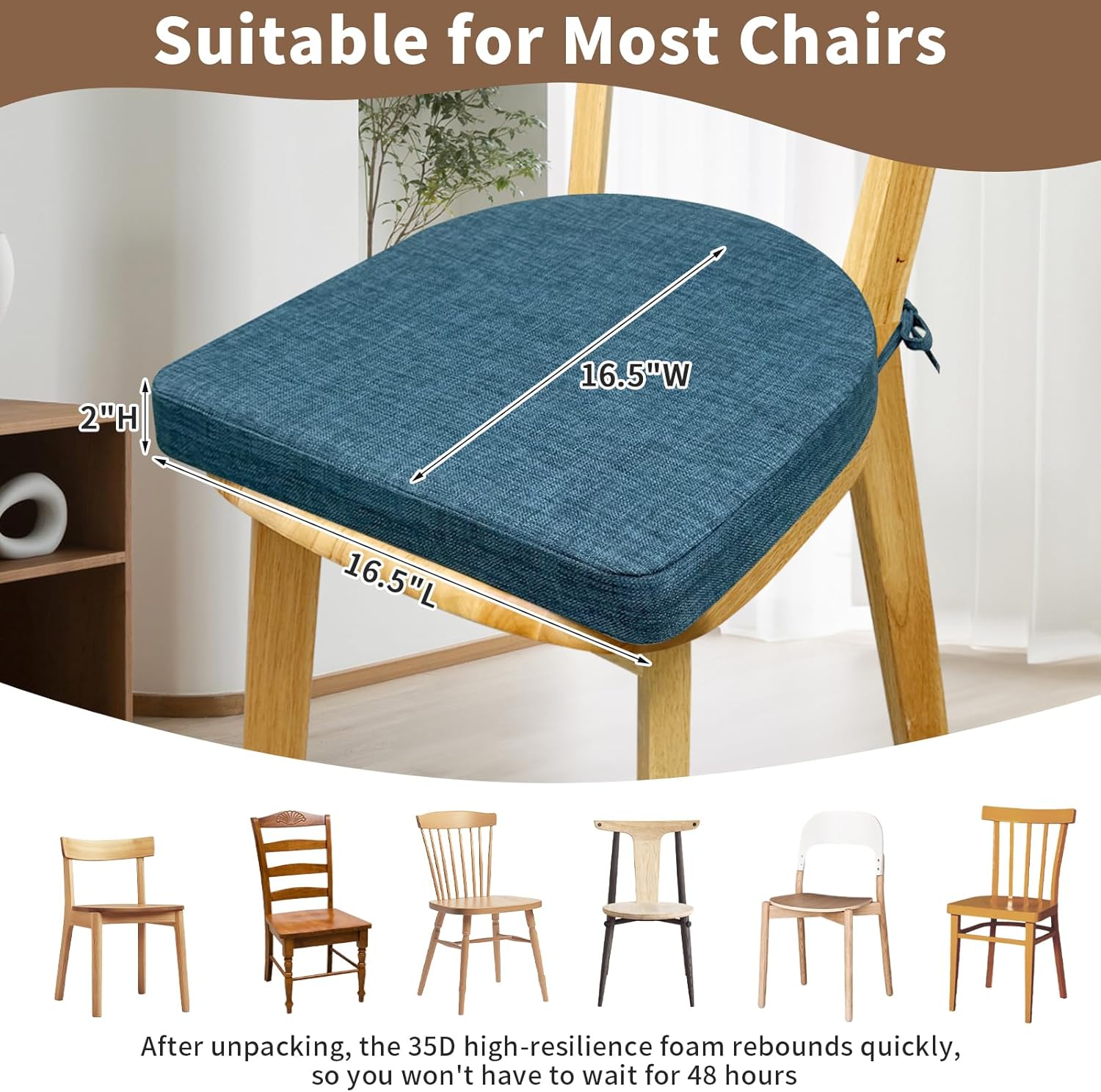 Chair Cushions for Dining Chairs 2 Pack 35D High-Density Foam Seat Cushions for Kitchen Chairs with Ties Non Slip and Removable Cover Chair Pads 16.5" x 16.5" x 2" (Lake Blue)