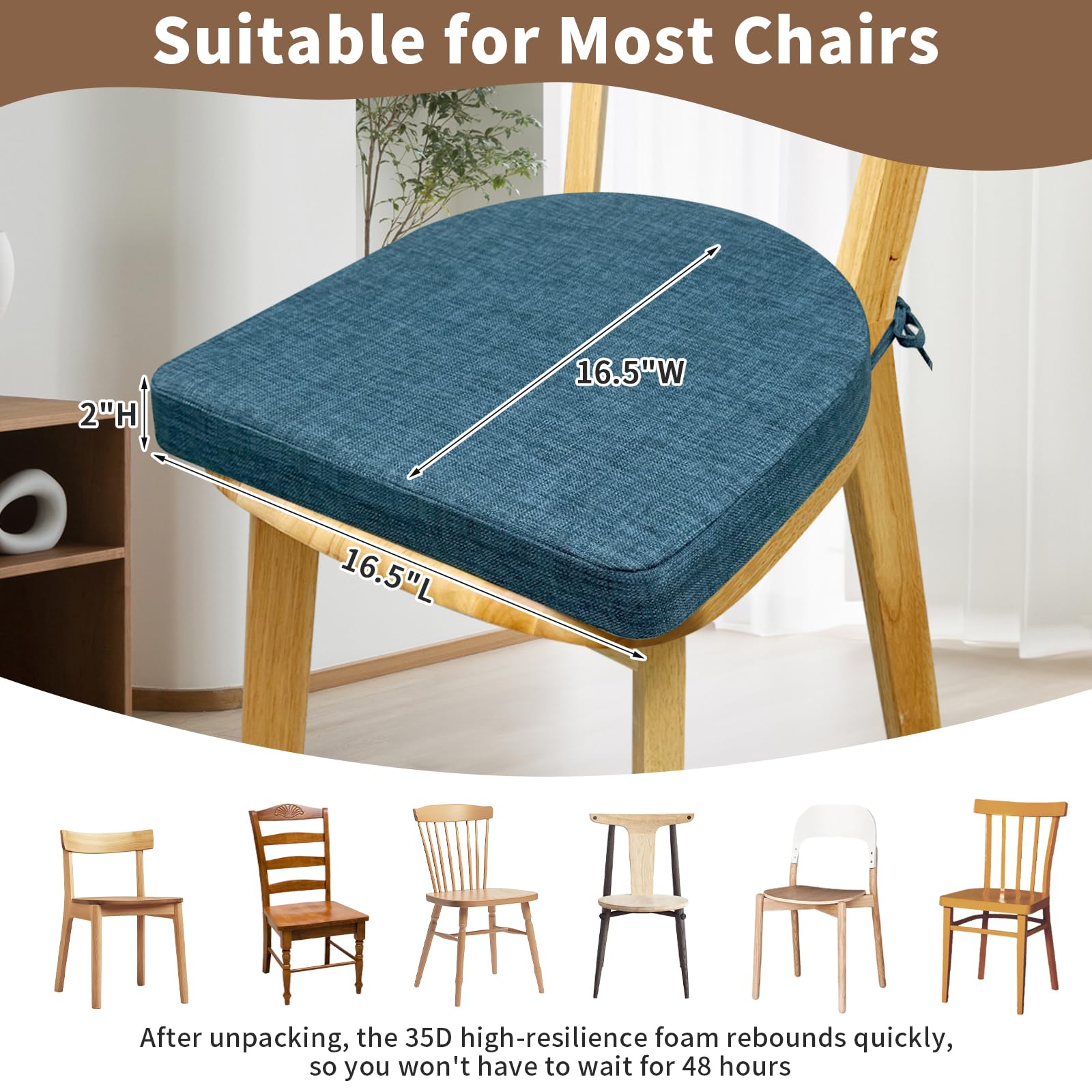 RuzRhyth Chair Cushions for Dining Chairs 6 Pack 35D High-Density Foam Seat Cushions for Kitchen Chairs with Ties Non Slip and Removable Cover Chair Pads 16.5