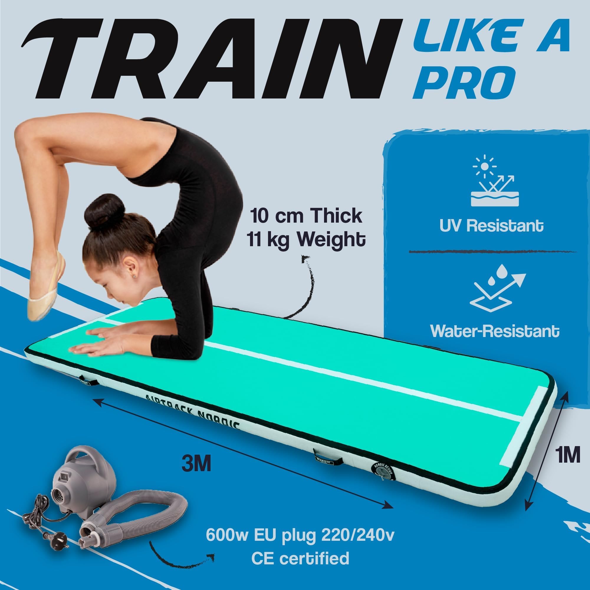 AirTrack Nordic Home Special Edition Air Track Matte 3m/4m/5m/6m/7m/8m mit Luftpumpe, Turnmatte Aufblasbar für Gymnastik, Yoga, Langlebig & Einfach zu Transportiere Air Tracking Gymnastikmatte Zuhause
