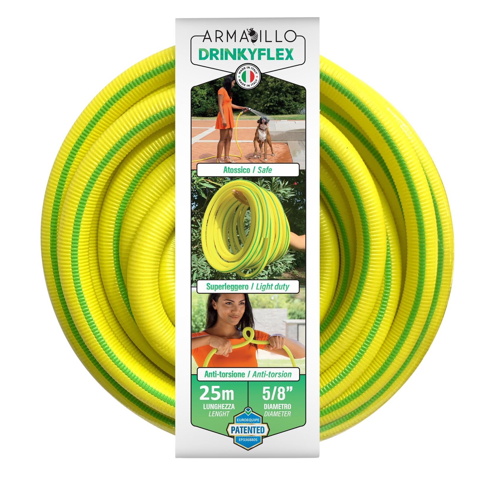 Idroeasy, manguera de jardín Drinkyflex de 25 metros y 5/8", superligera y no tóxica para agua potable, manguera de riego sin nudos, flexible, Presión de rotura 18 bar, Made In Italy