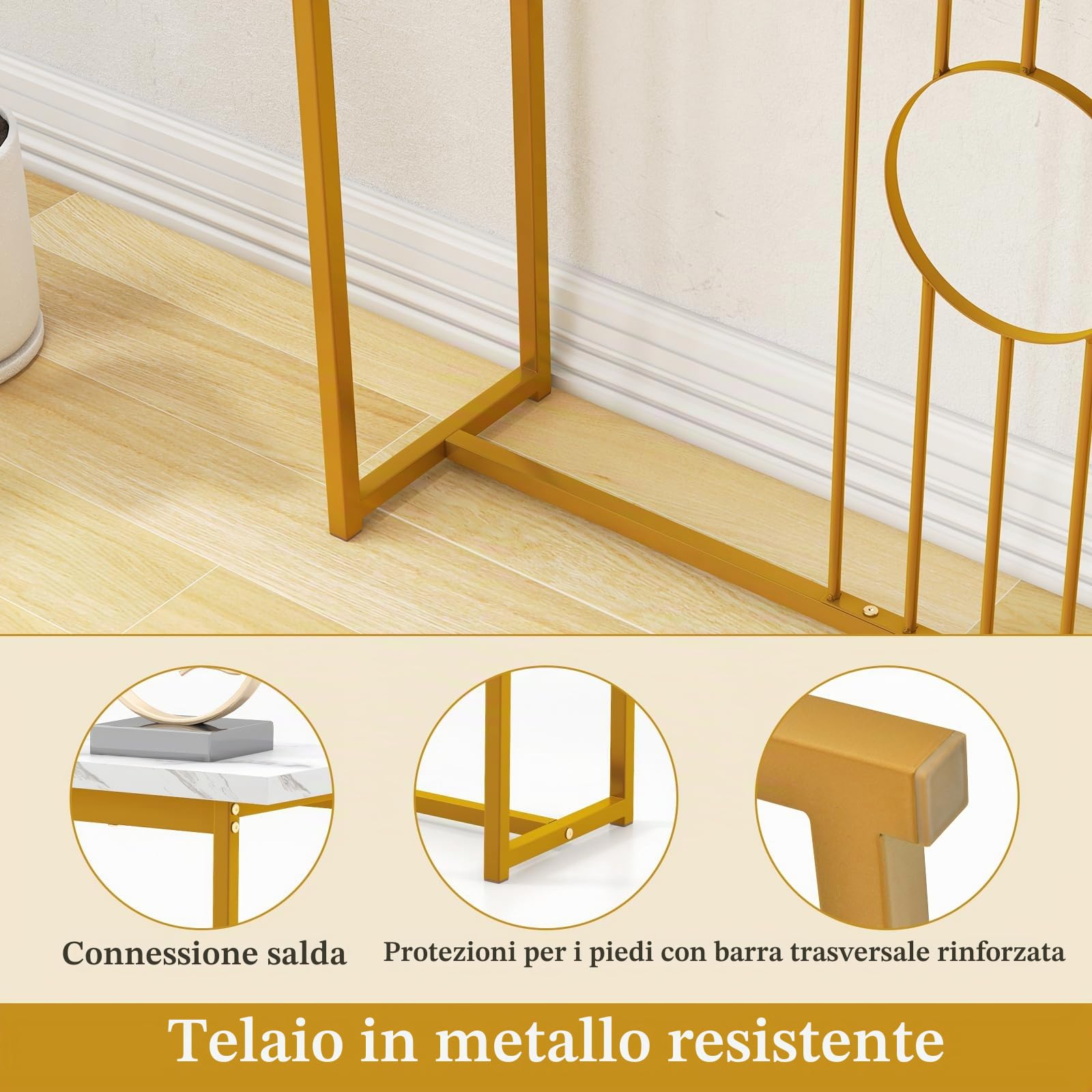 GIANTEX Tavolo Console da ingresso, ingresso stretto con piano in marmo imitazione e struttura in metallo dorato, tavolo laterale da 120 cm per corridoio, soggiorno, 120 x 30 x 80,5 cm