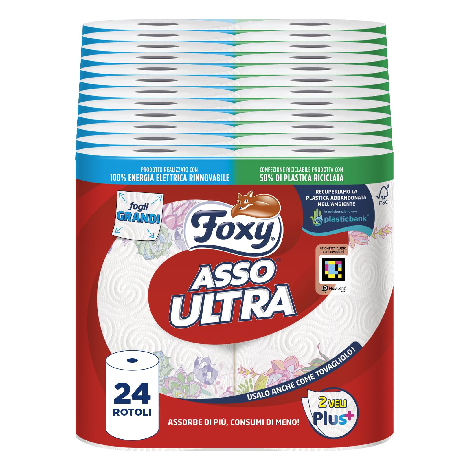 Foxy Asso Ultra |Asciugatutto 24 rotoli| Veli Plus+ Assorbenti e Resistenti | Decorato|100% Energia elettrica rinnovabile| Confezione riciclabile prodotta con plastica riciclata