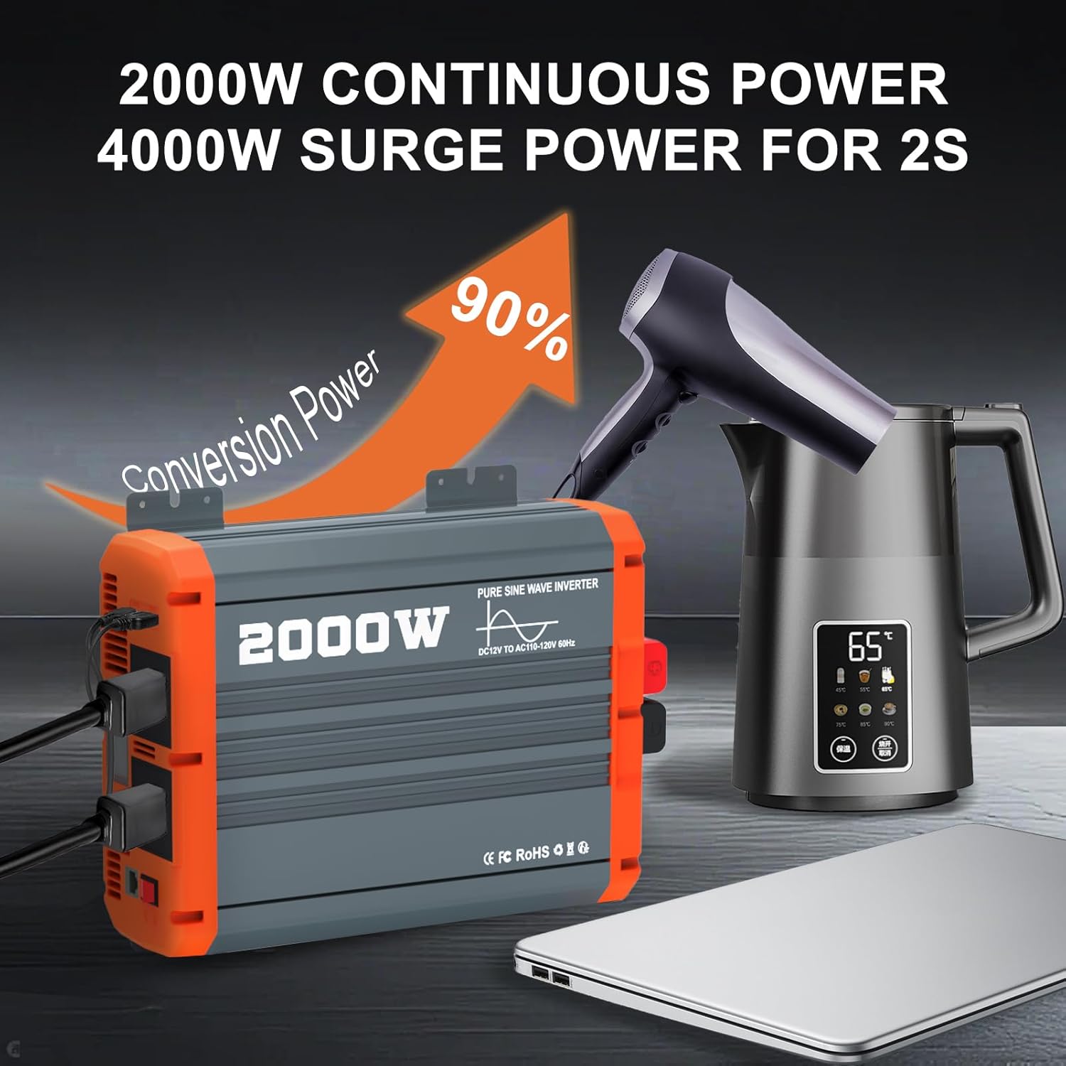 2000W Pure Sine Wave Inverter 12V to 110V/120V AC Car Power Inverter for Vehicles, Truck, Solar, RV, Home Backup with Dual AC Outlets, USB & Type-C Fast Charge Ports, Remote Controller